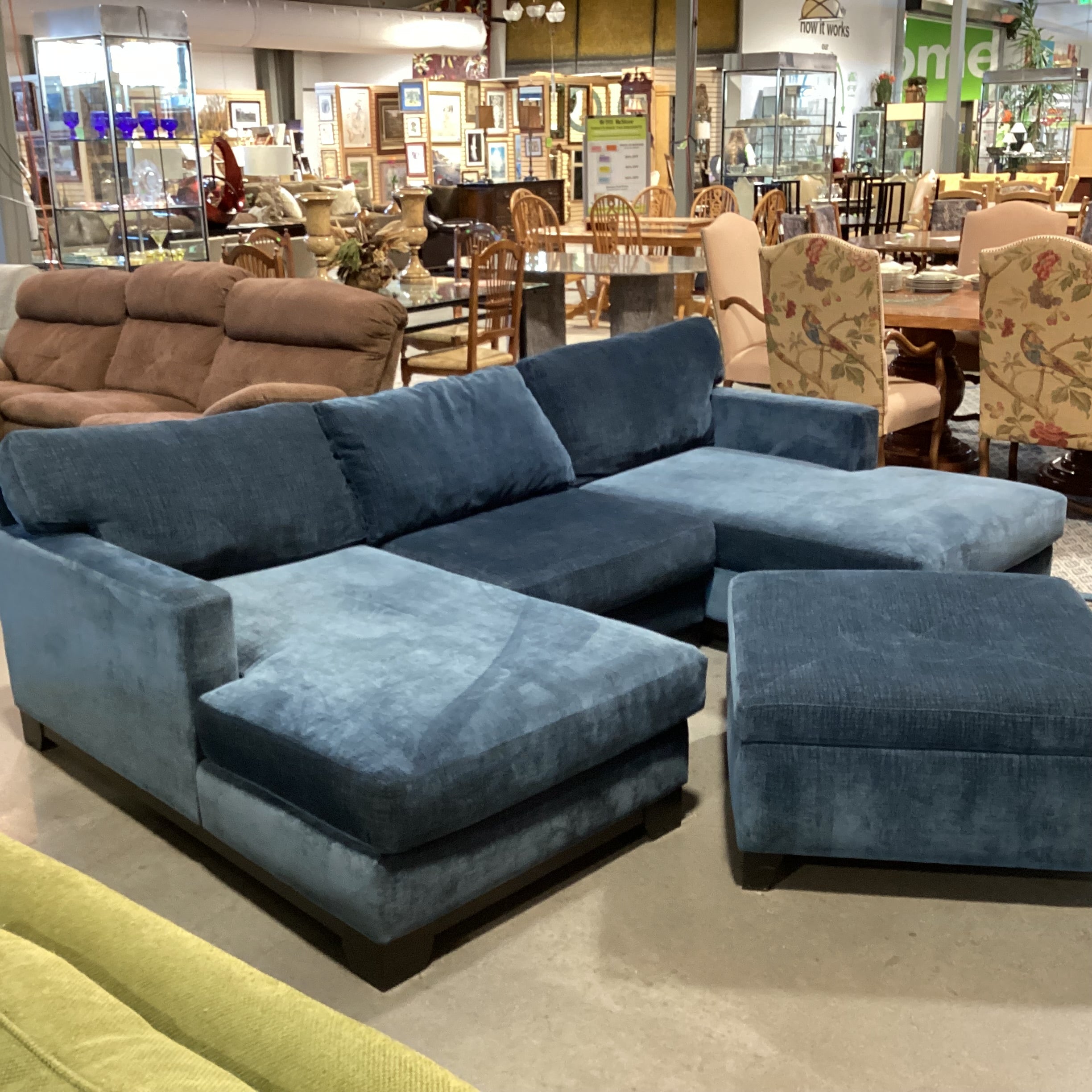 Jonathan Louis Blue Teal Chenille Velvet Woven 2 End Chaise with Storage Ottoman 4 Piece Sectional 103"x 64"x 64"x 30"