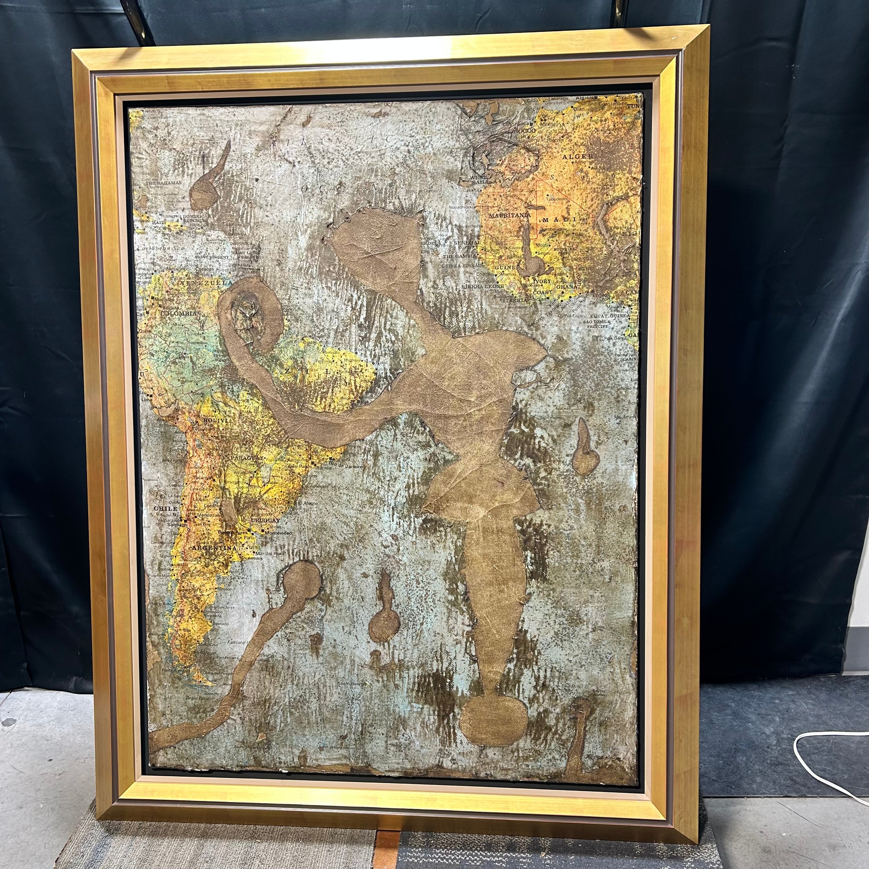 Artist Brisson mixed Media World Map "A Vol D"oiseau II"  47.5x 60.5"