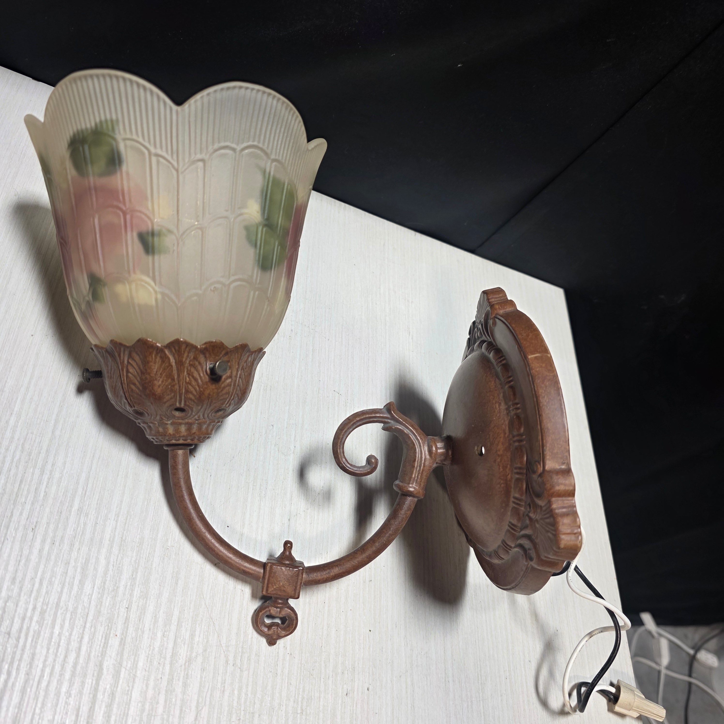 Vintage Hand Painted Rose on Frosted Glass French Inspired Sconce 6.5"x6.5"x9"