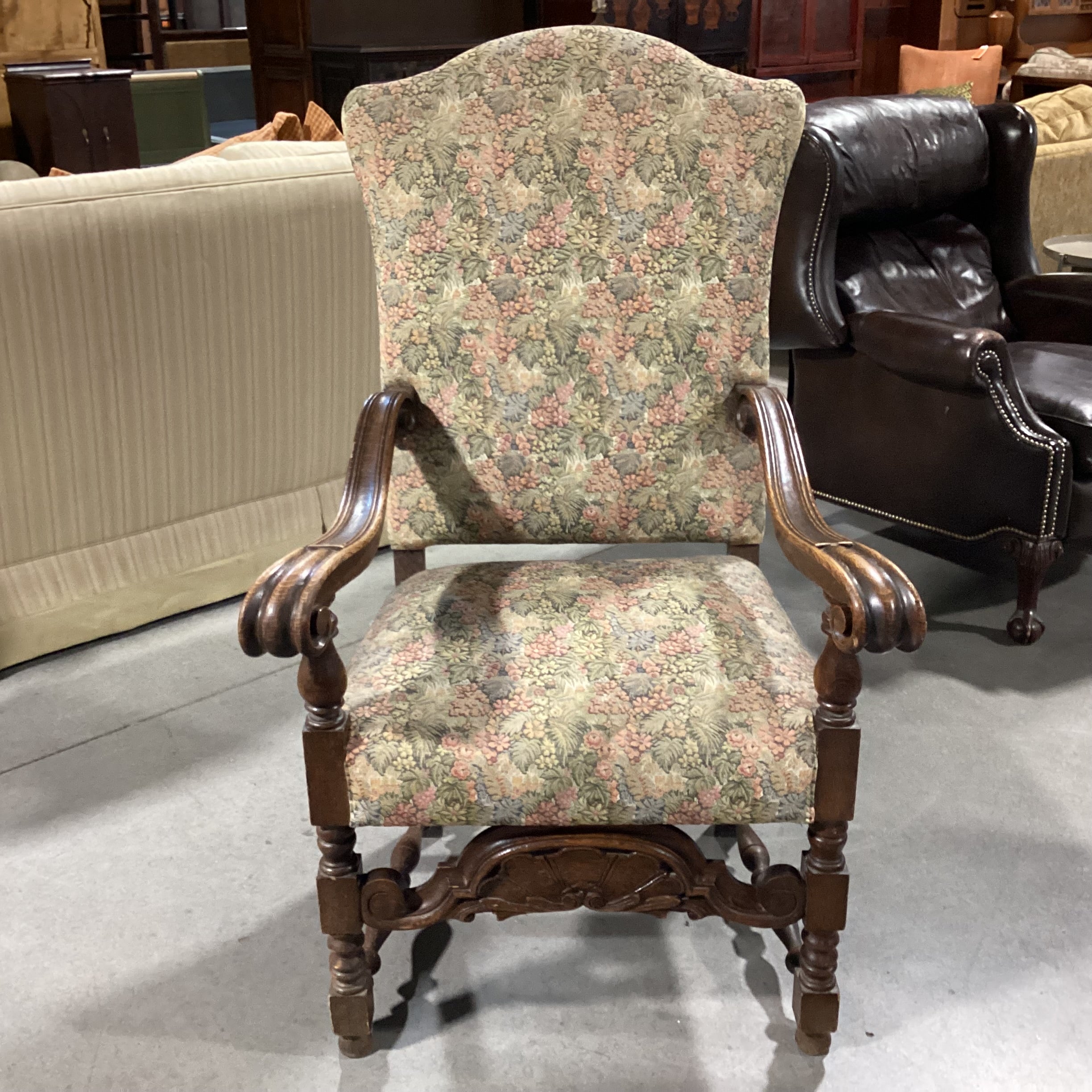 Antique Ornate Carved Oak & Sage Pink Floral Upholstered Chair 30"x 28"x 49"