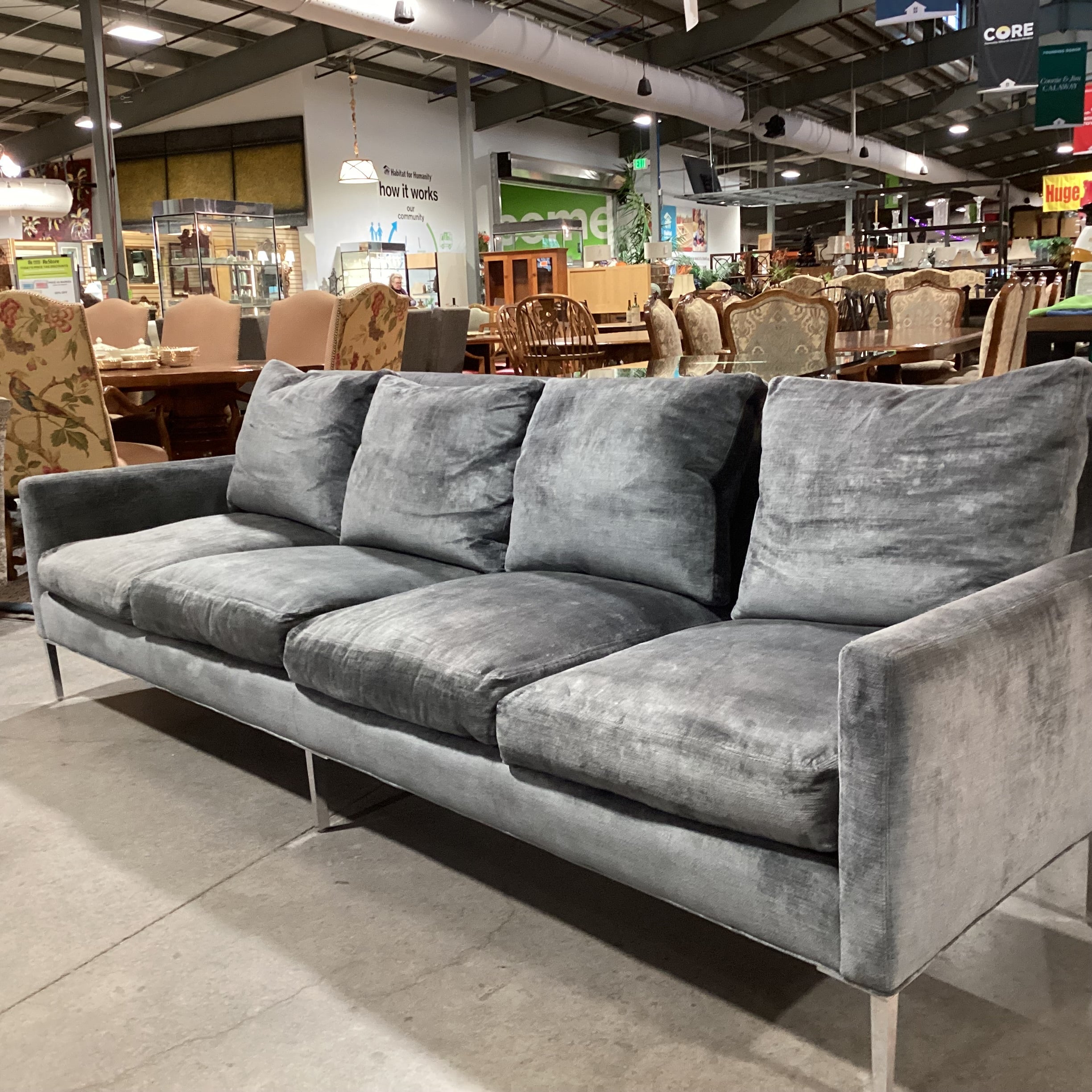 Lee Industries Custom Blue Grey Textured Velvet Down Mix & Chrome Modern Sofa 107"x 36"x 34"