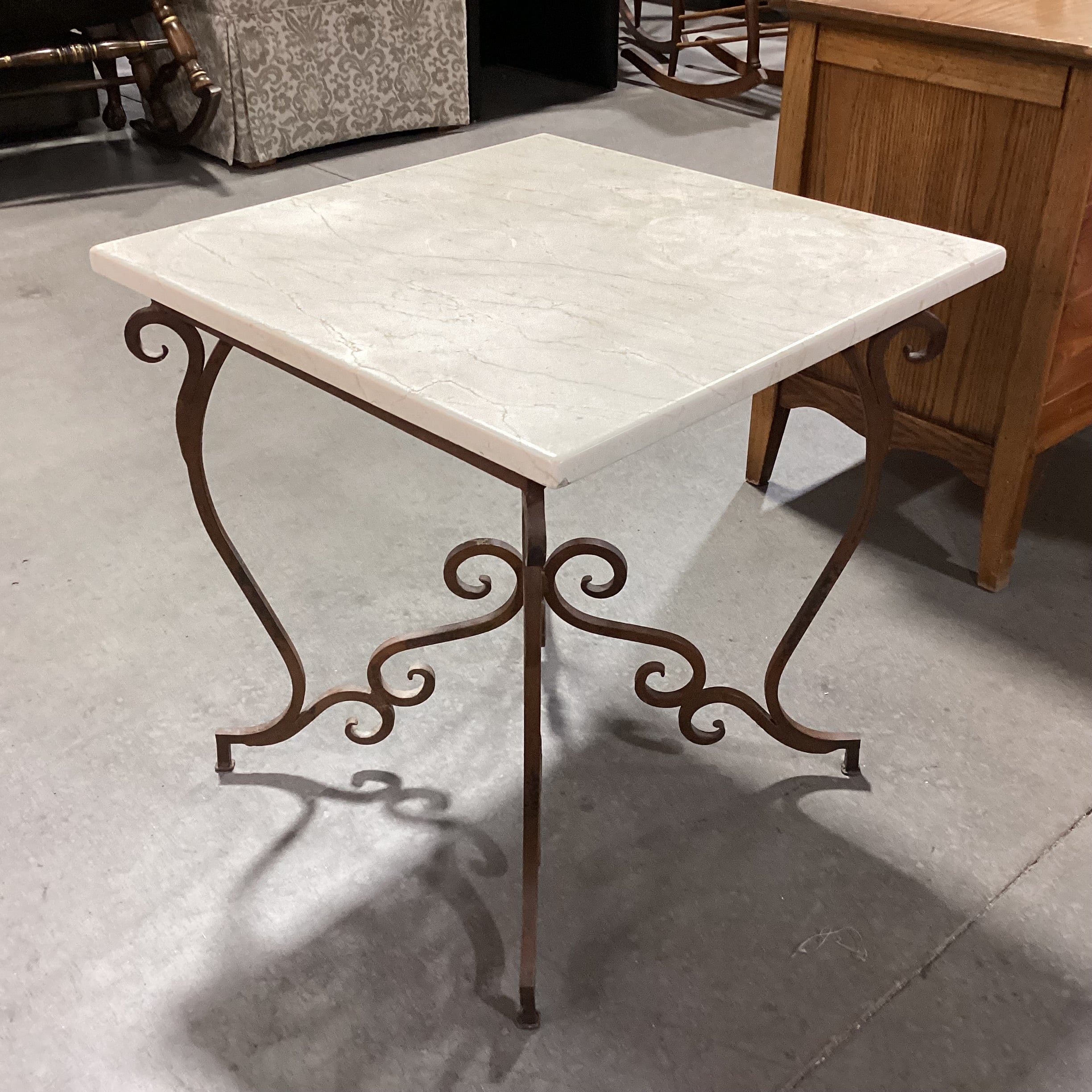 Ornate Iron & Stone Top Accent Table 22"x 22"x 23"