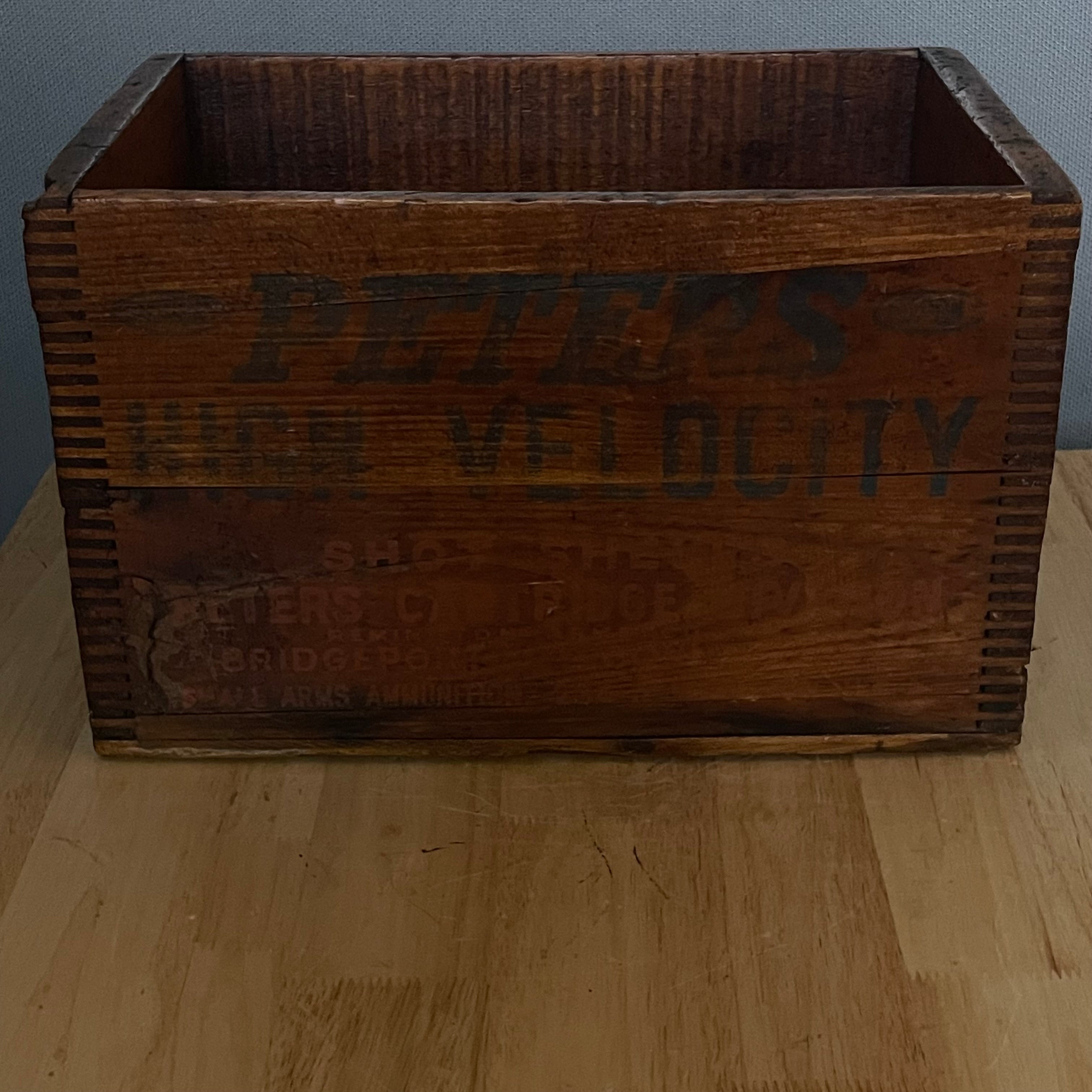 Antique Peters High Velocity Wooden Dove Tailed Ammo Crate,14.25"x 9.25"x 9"