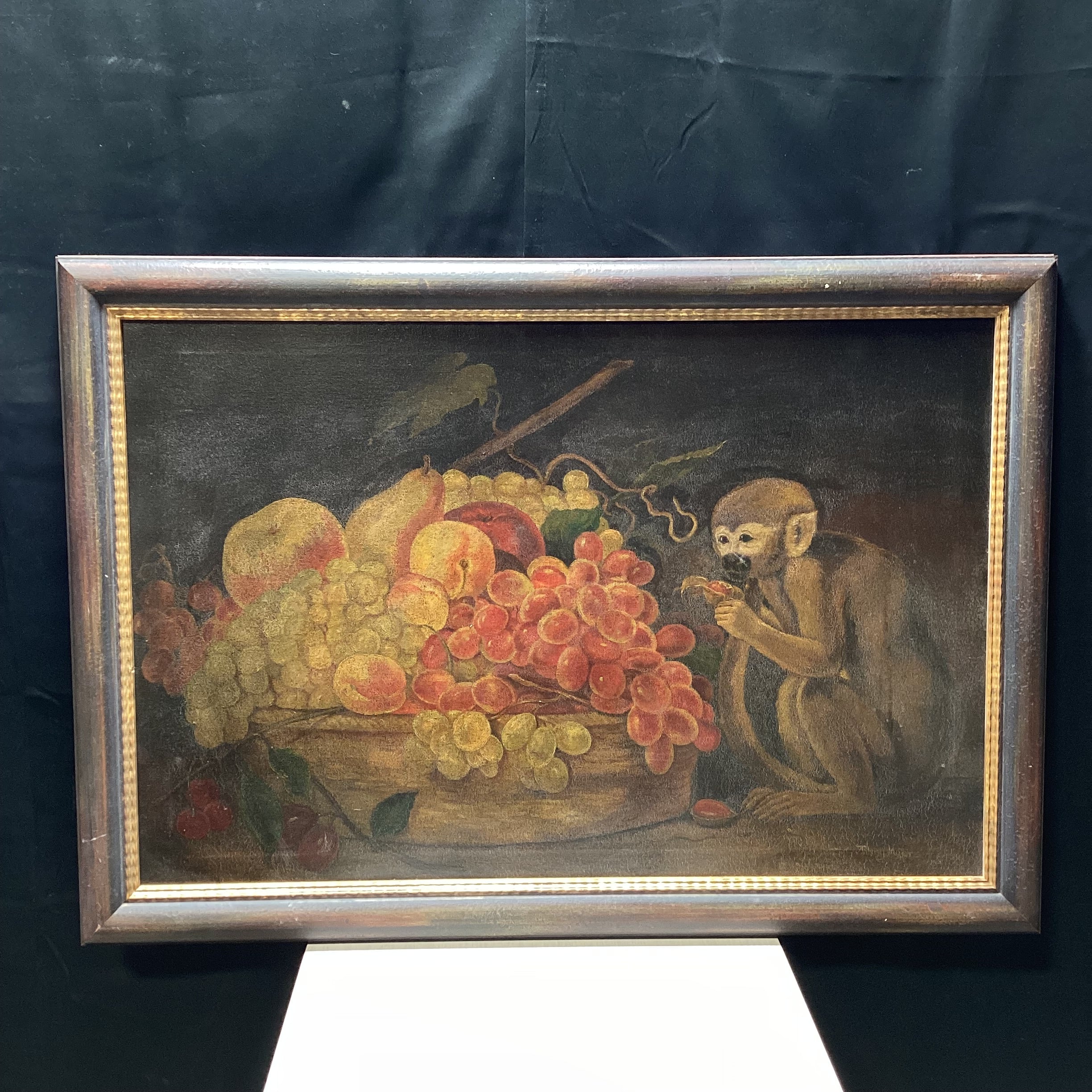 John Myers Signed Original Monkey & Fruitbowl Still Life Oil Painting 40.5" x 28.5"