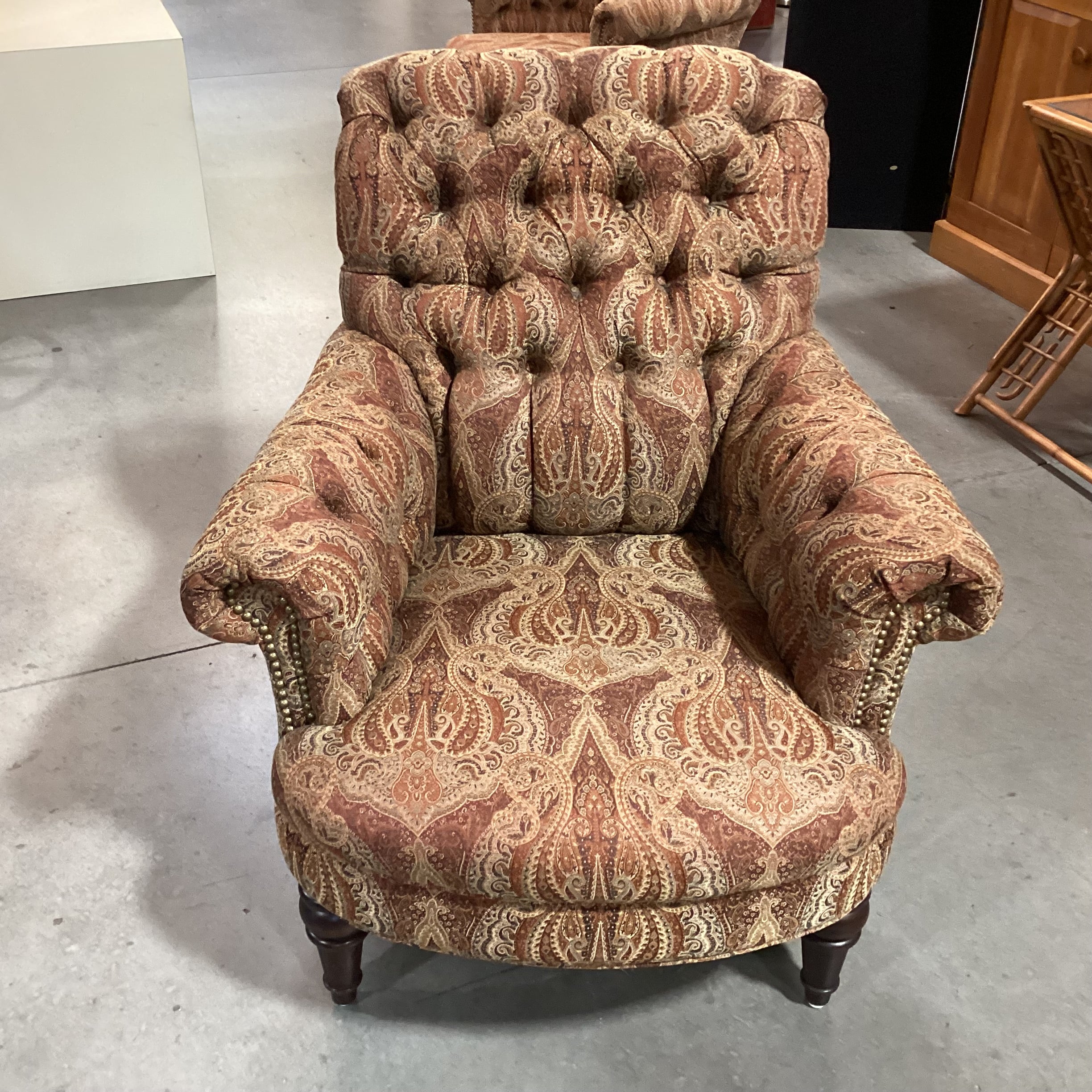 Custom Gold Rust Tan Ornate Paisley Tufted Nailhead with Carved Feet Chair 34"x 38"x 38"