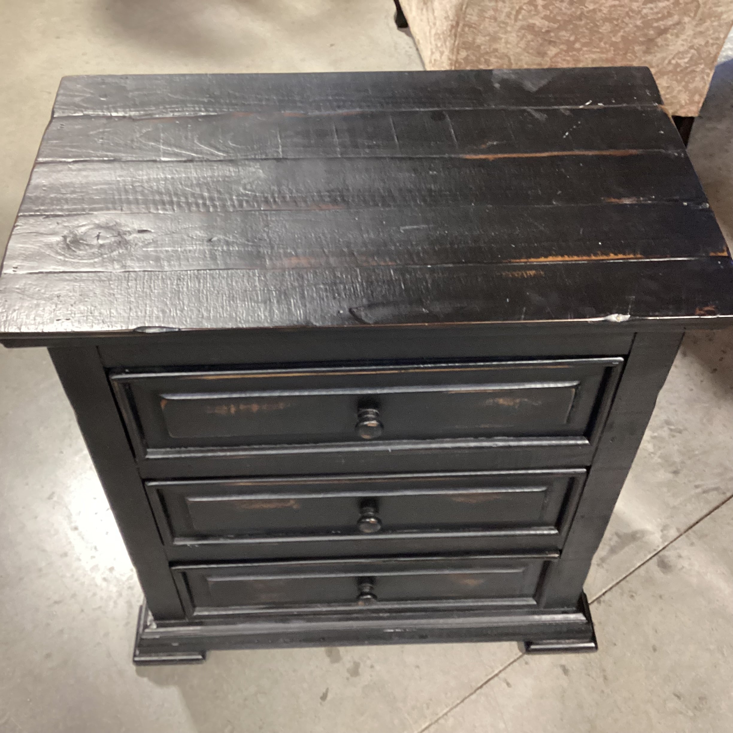 Black Distressed Wood 3 Drawer Chest Nightstand