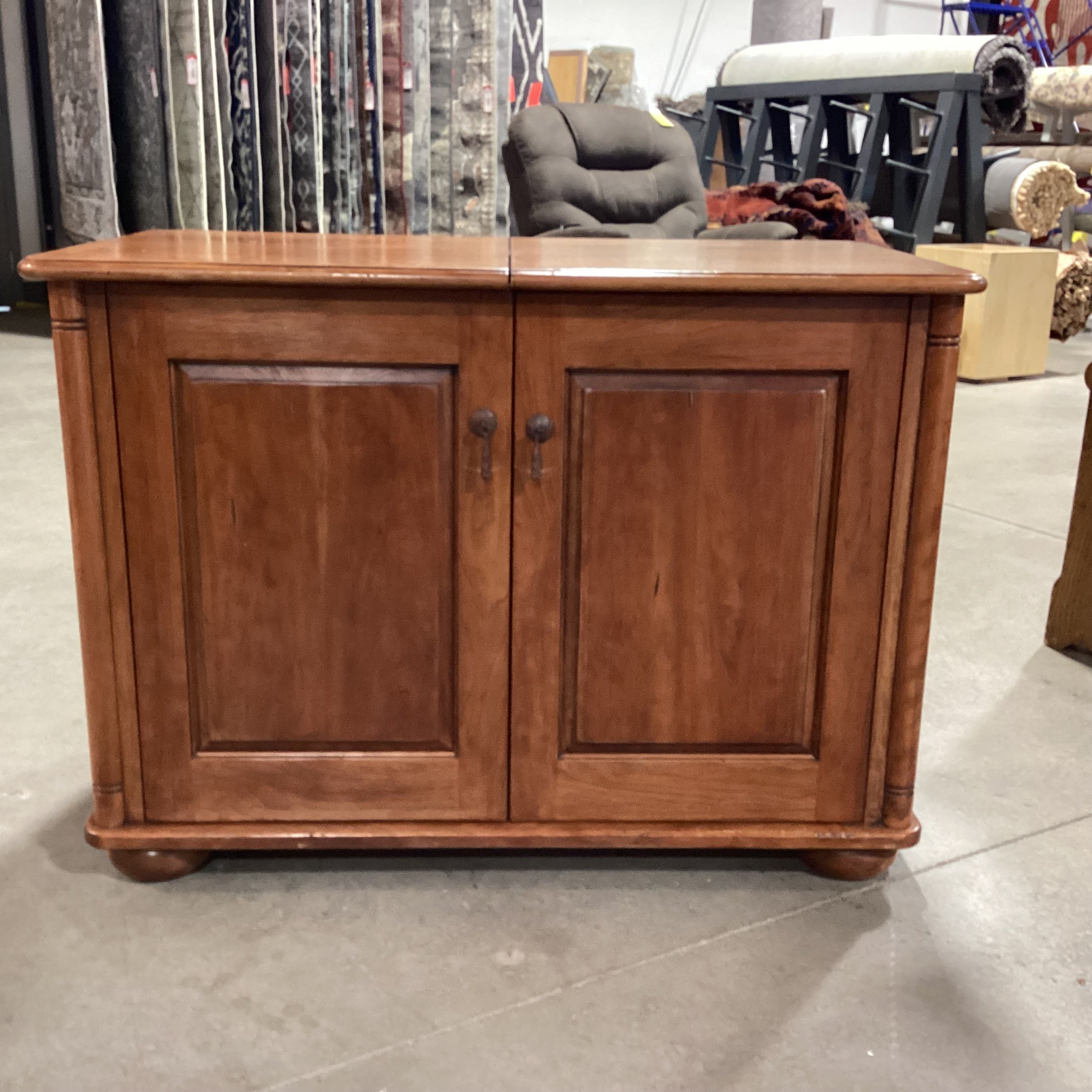 Finished Distressed Carved Wood 2 Door Slide Open Sides Top with Shelves & Wine Rack Bar Buffet 40"x 40" to 61"x 29"