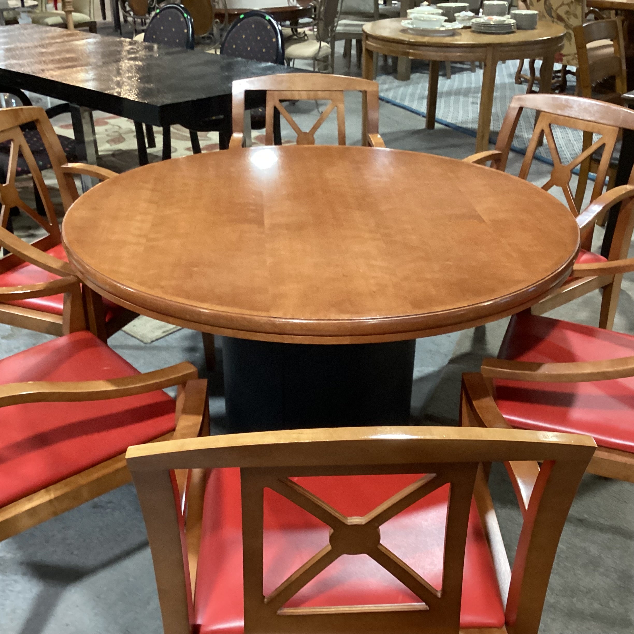 Round Finished & Pressed Maple Black Leather Like Pedestal Table with 6 Red Leather Like Chairs Dining Set 48" Diameter x 29"