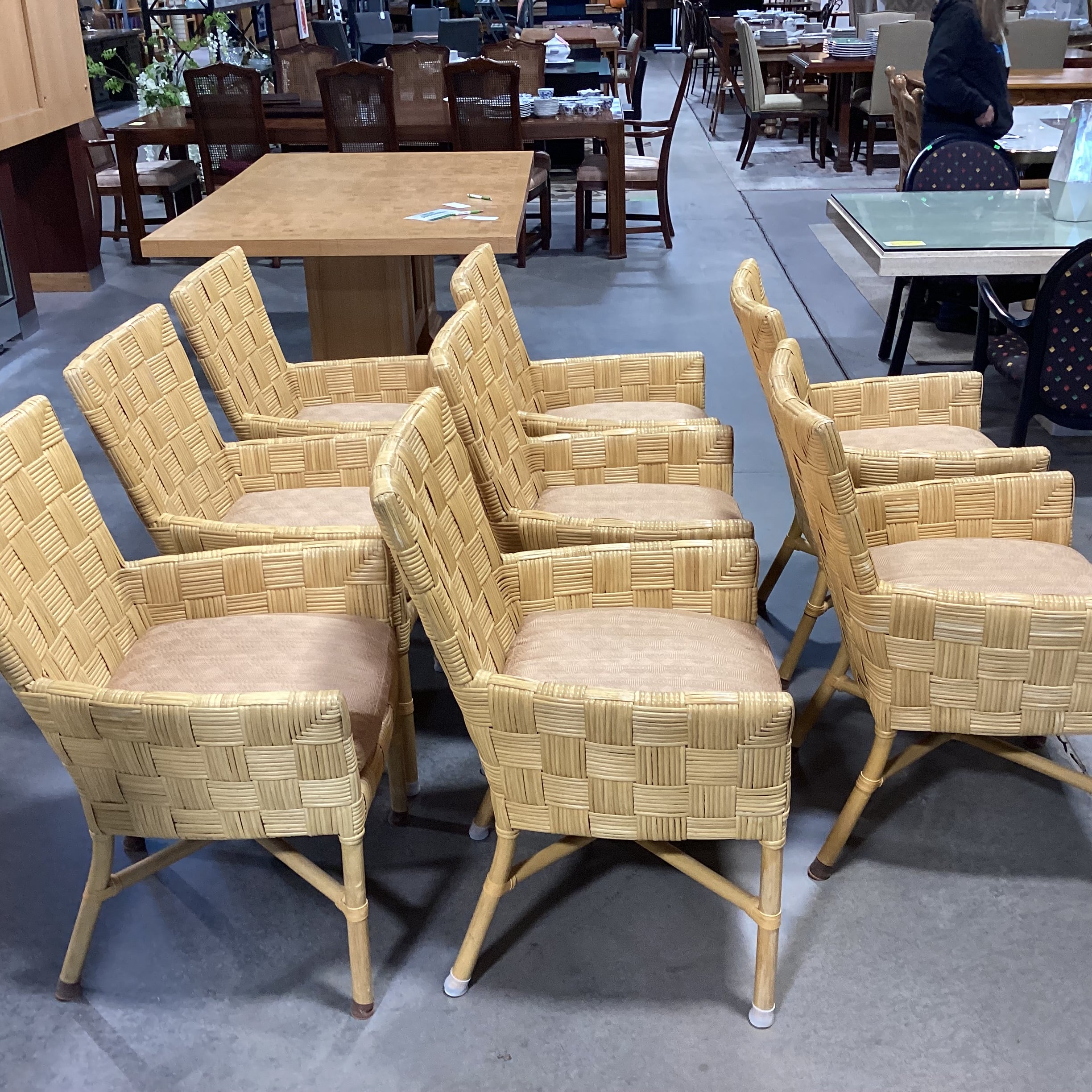 SET of 8 McGuire Style Square Basket Weave Rattan & Leather Strapping with Cushion Dining Chairs 24"x 26"x 36"