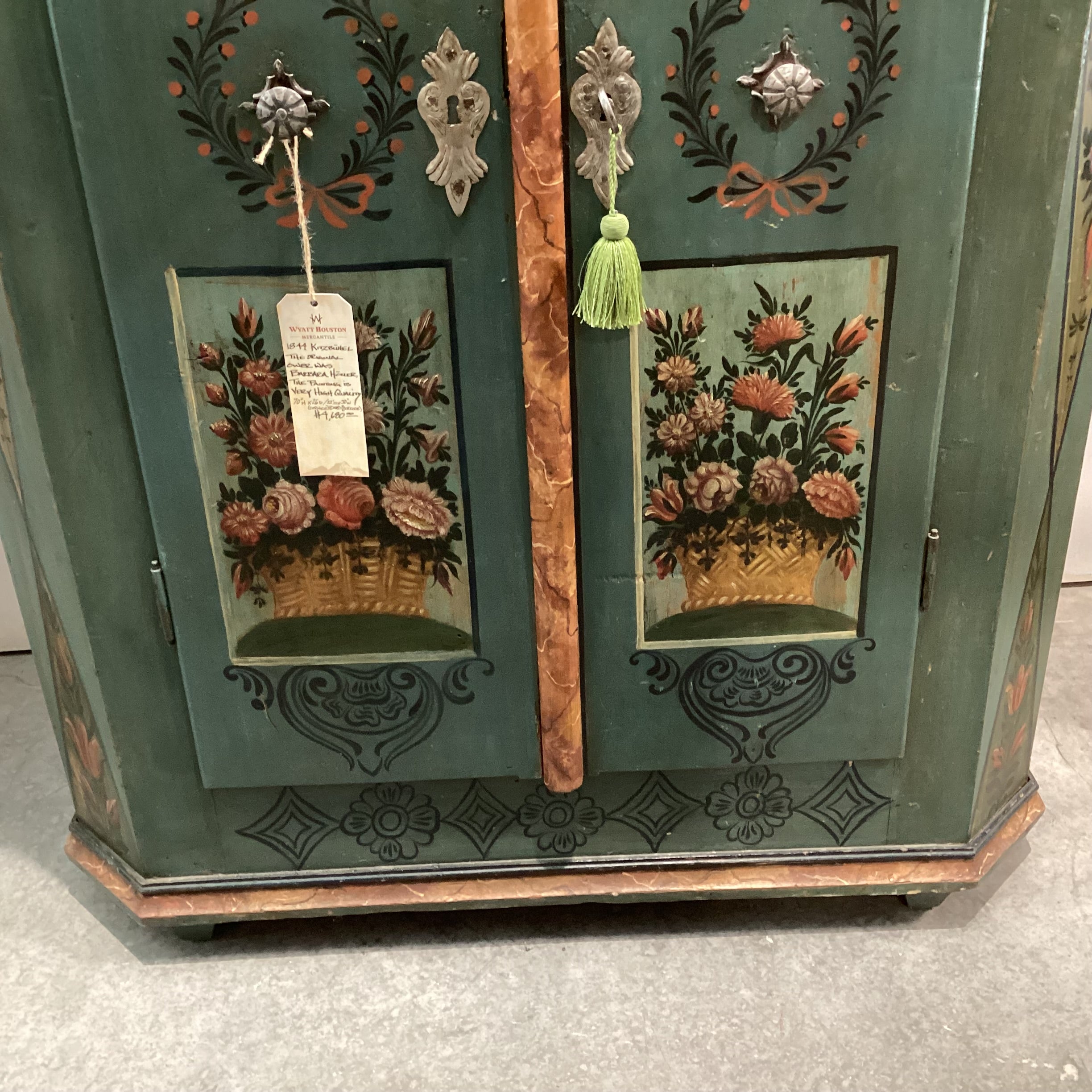 Antique Austrian Kitzbuhel Carved Wood & Hand Painted Floral 2 Door Armoire 50"x 26"x 71"
