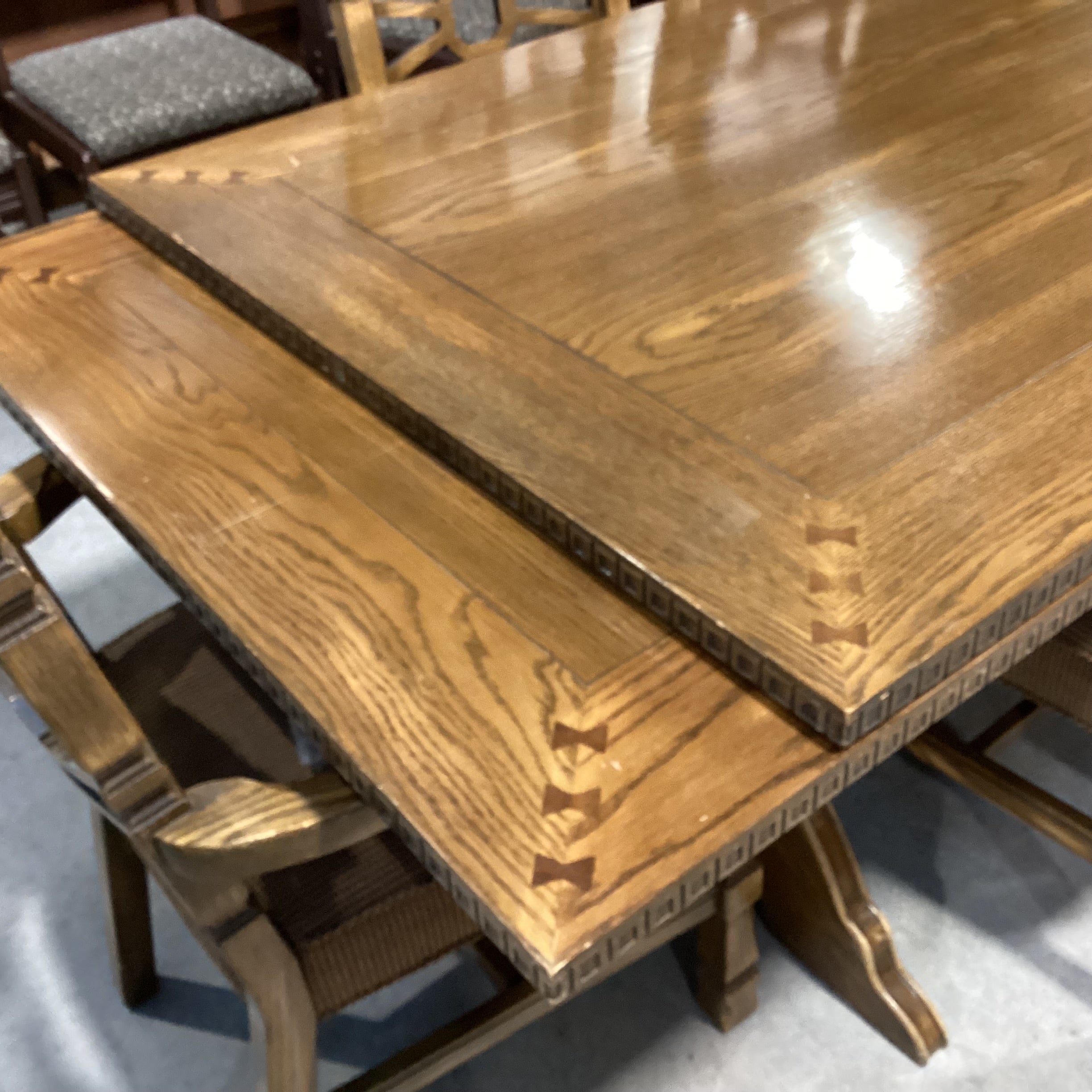 Vintage Antique Carved Oak with Trestle Table & 6 Chairs Dining Set 72"x 40"x 30"