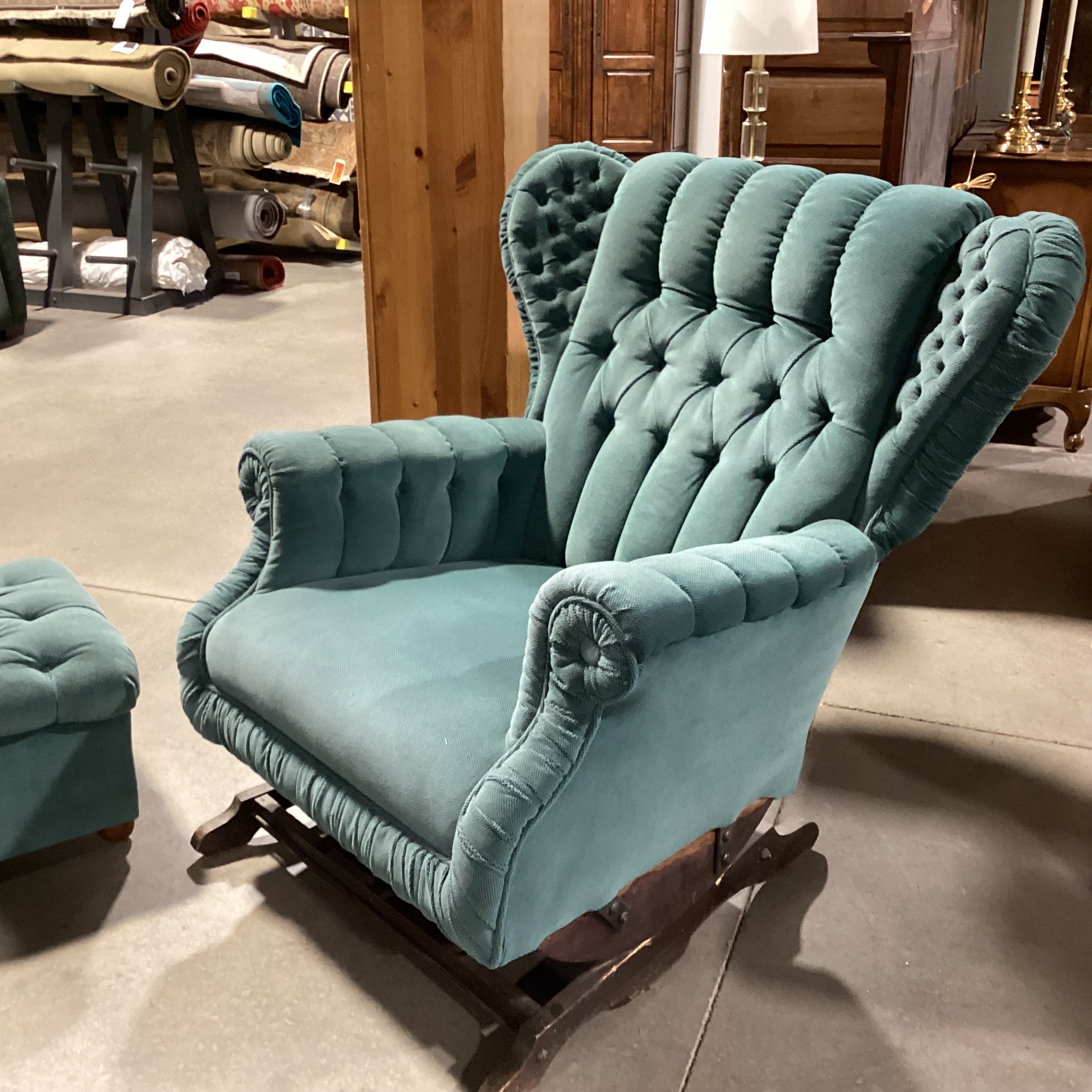Vintage Antique Teal Tufted Winged with Ottoman Rocker Chair 34"x 36"x 39"