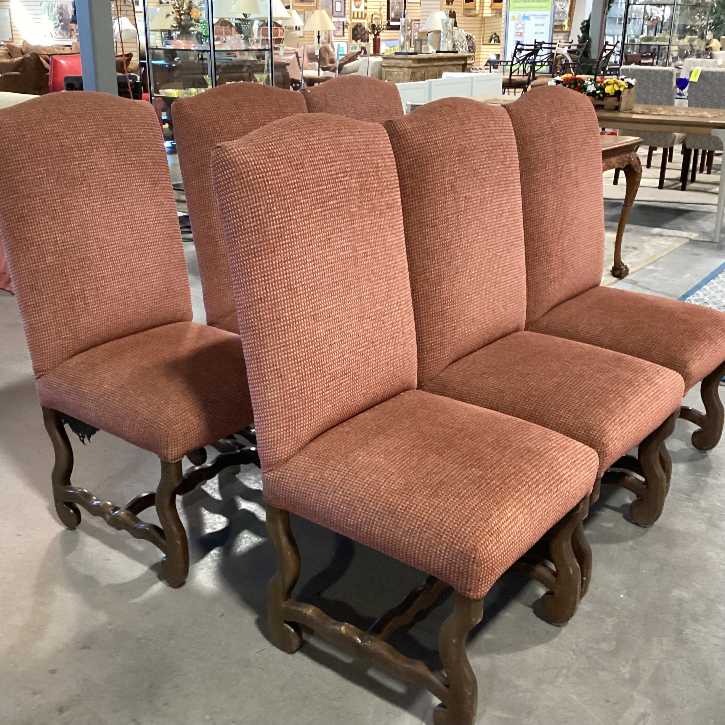 Set Of 6  Red Tan Woven Nailhead & Carved Wood Dining Chairs 21"x 26"x 46"