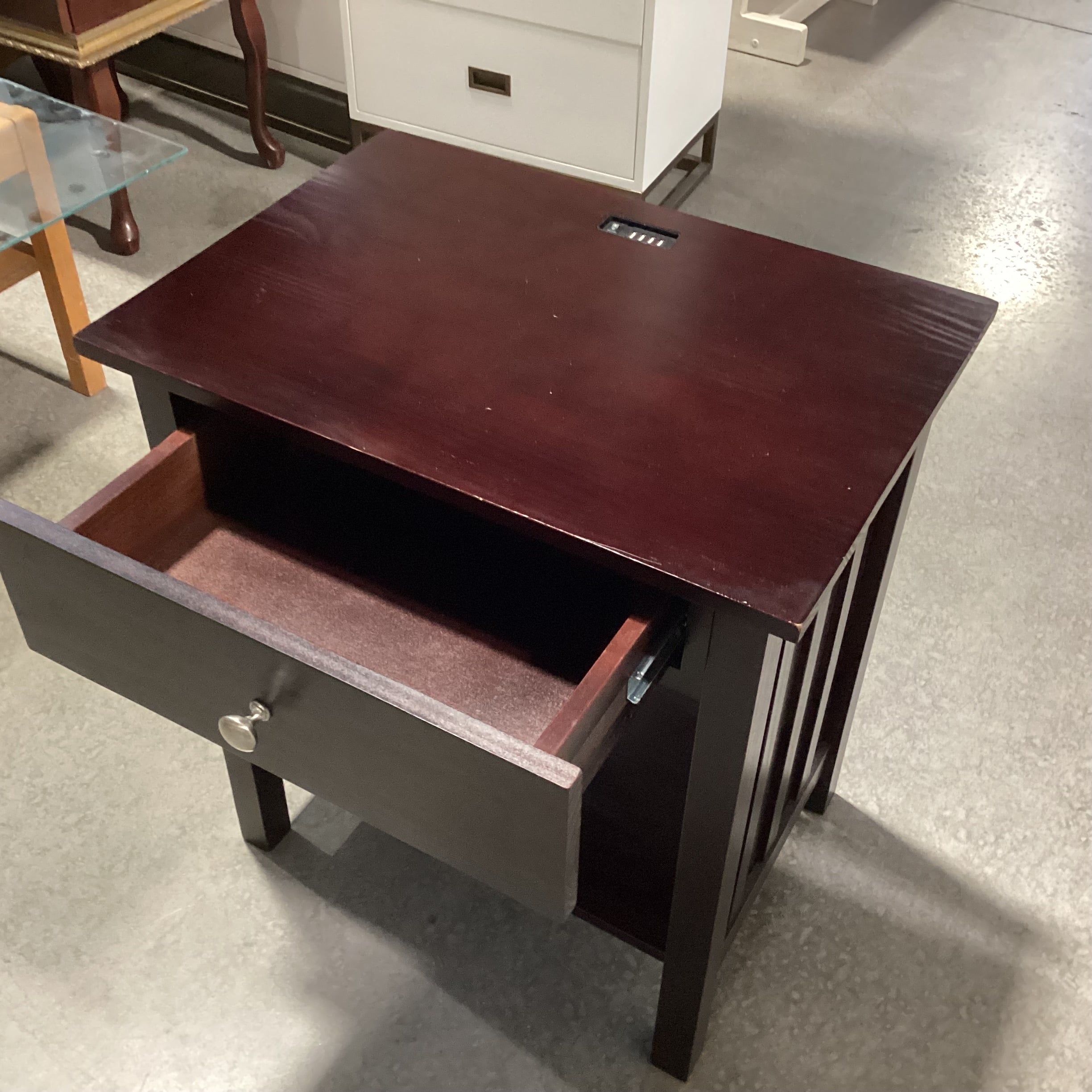 Dark Finish Wood 1 Drawer With Bottom Shelf & Plug In USB Outlet Nightstant 24"x 17"x 27"