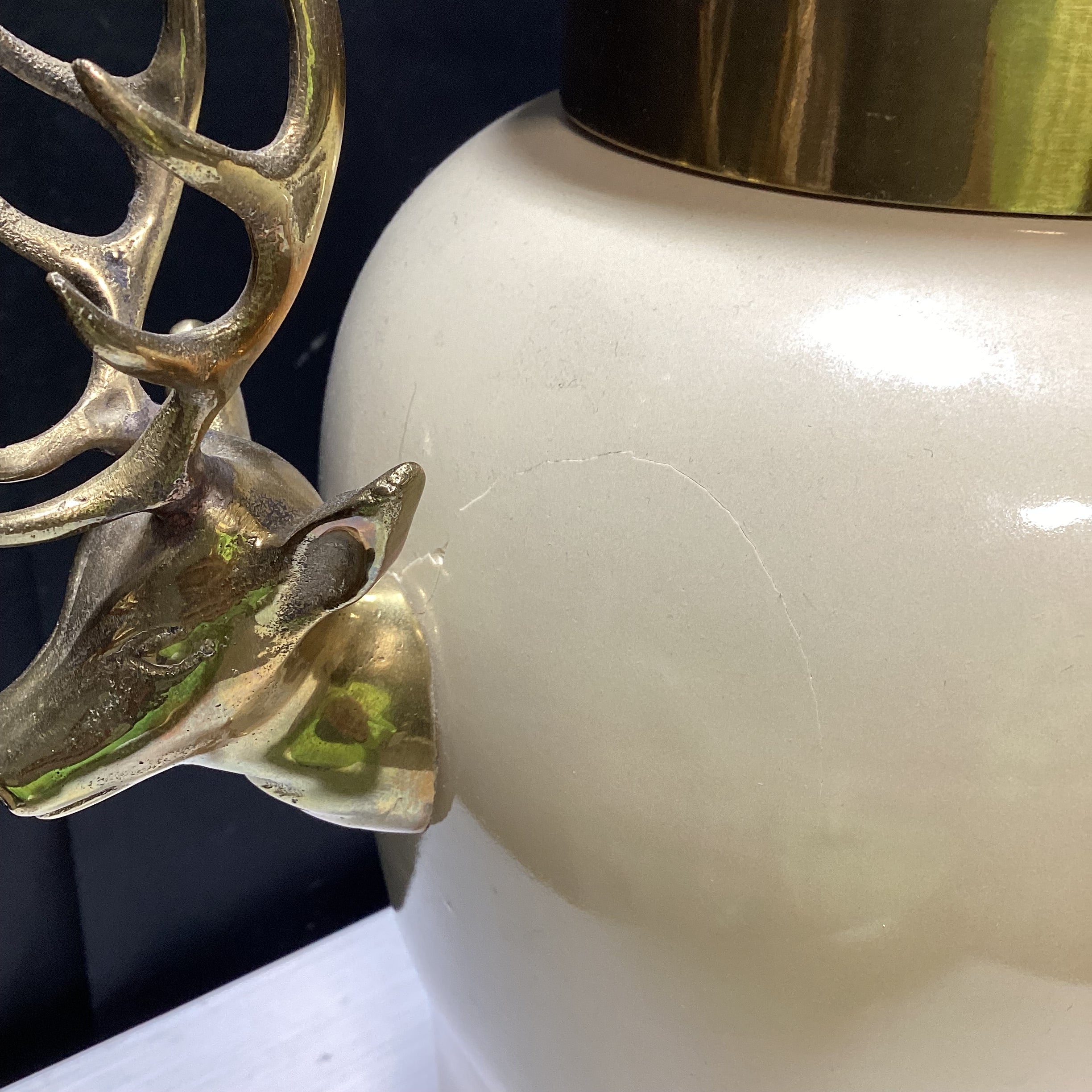 Vintage Urn Style Table Lamp With Brass Stags 13" x 21"