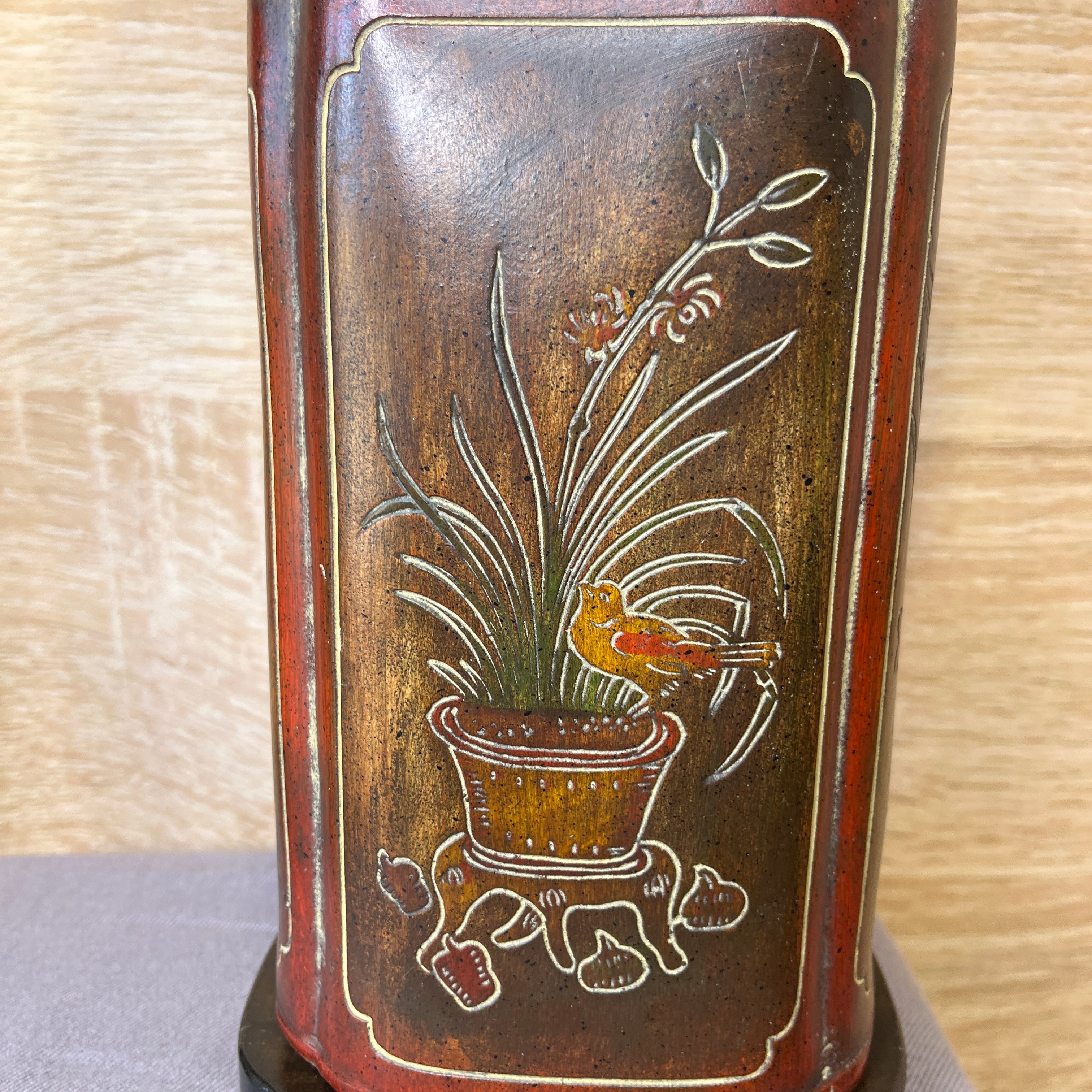 Rare Frederick Cooper Red & Brown Bird Chinoiserie Tea Canister with Shade Table Lamp 6.25" Diameter X 30"