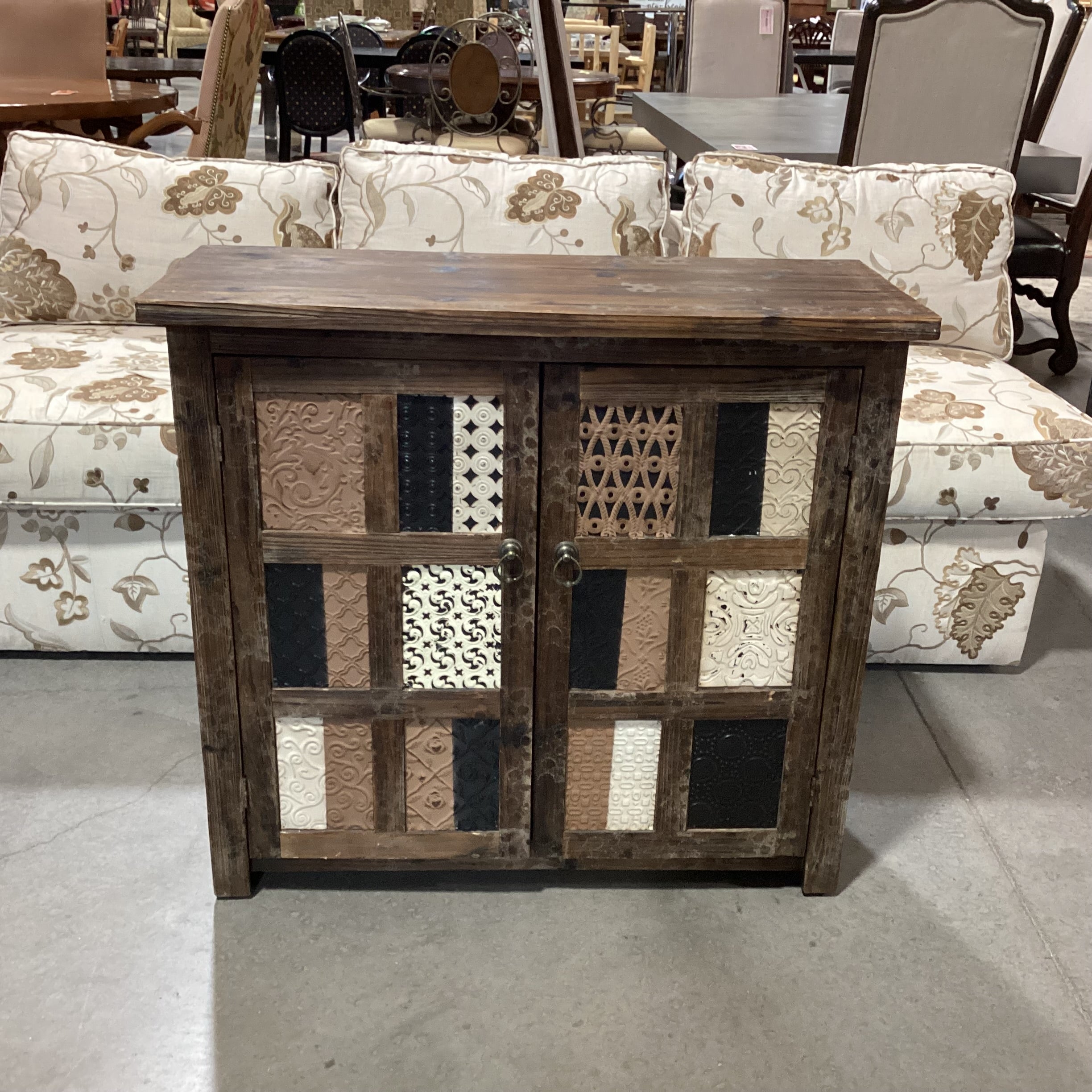 Rustic Distressed Wood & Tin Design Panes 2 Door Cabinet Console 36"x 15"x 32.5"