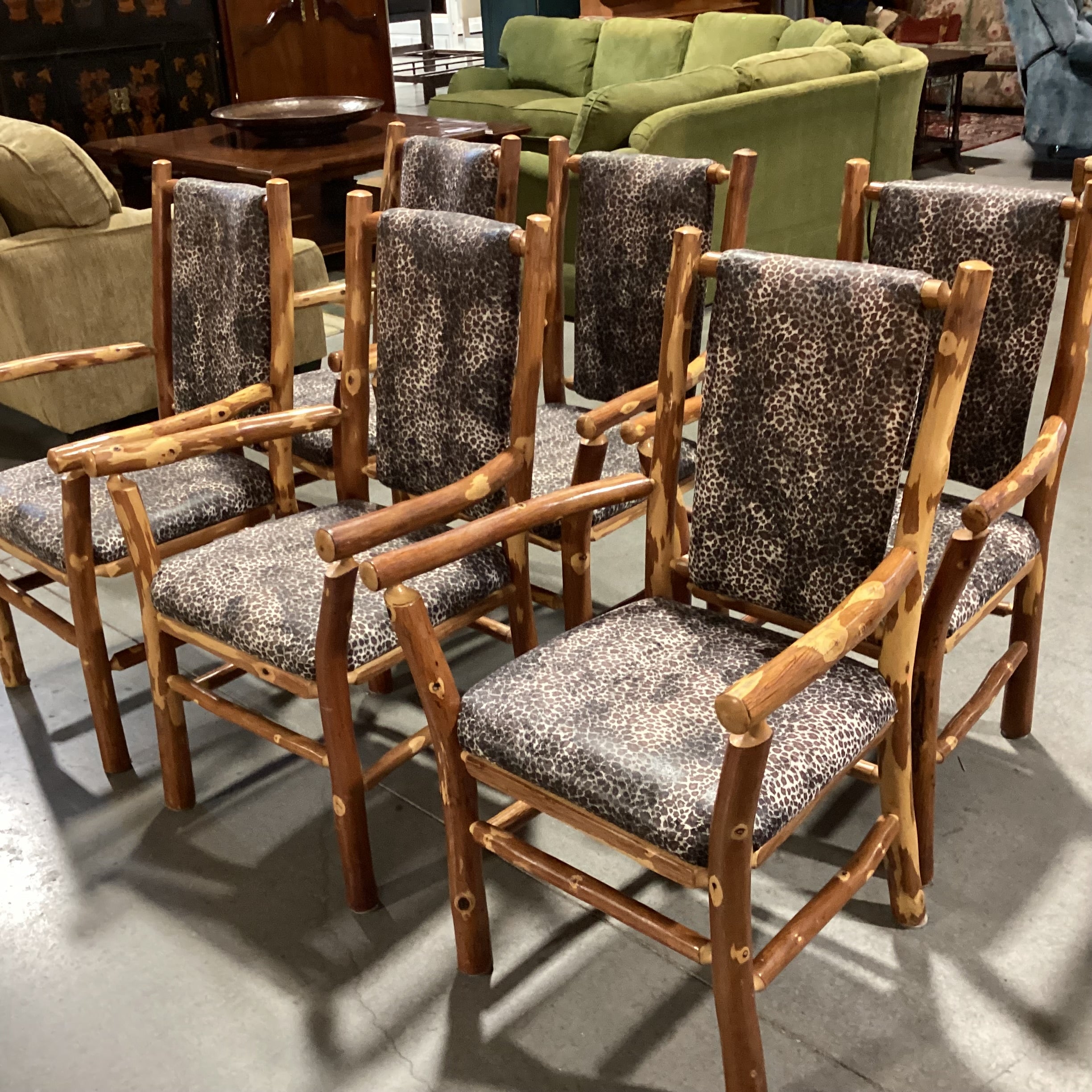SET of 6 Peeled Style Log & Animal Print Armed Dining Chairs 24"x 24"x 39"