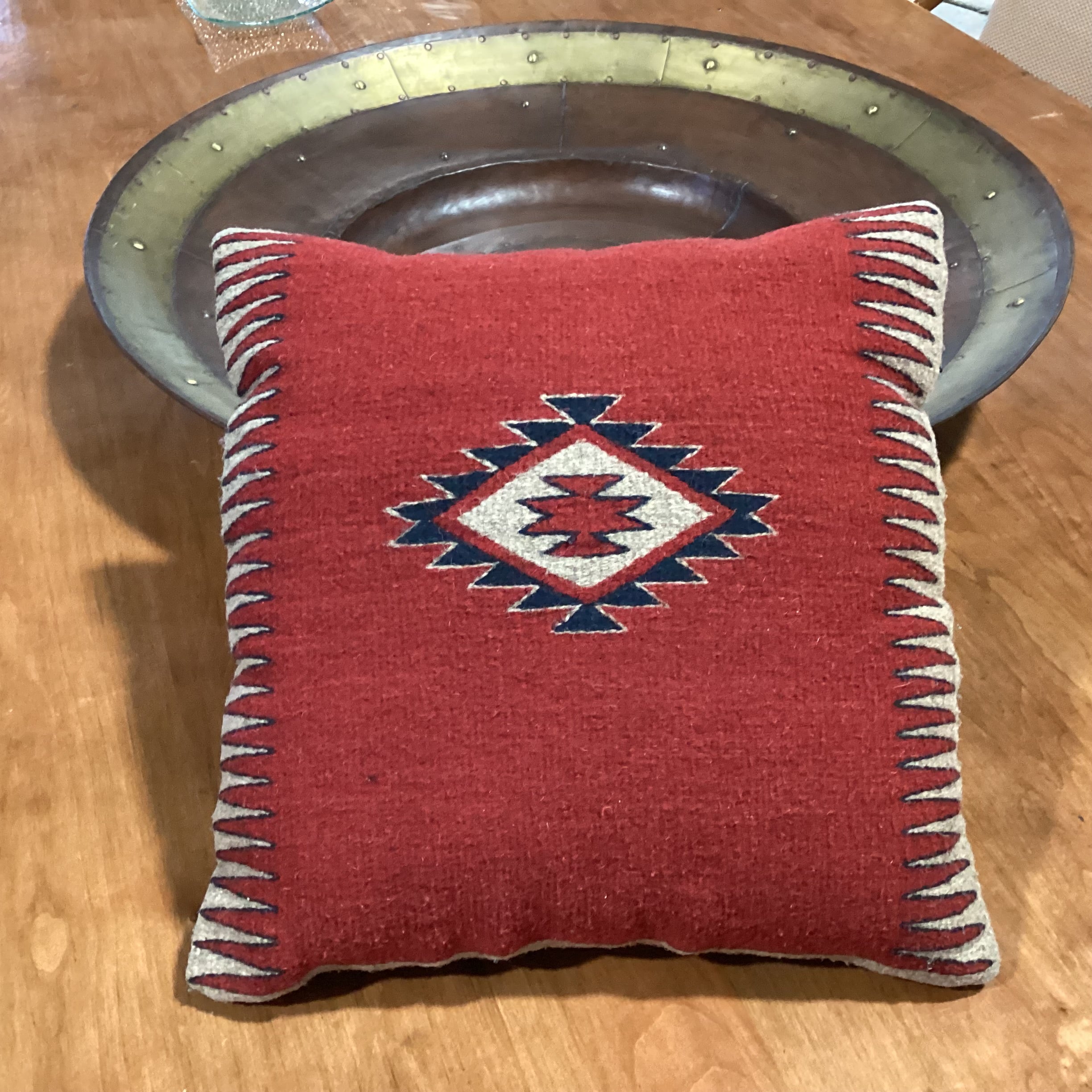 Native American Red Blue Tan Hand Woven Wool Accent Pillow 20"x 20"