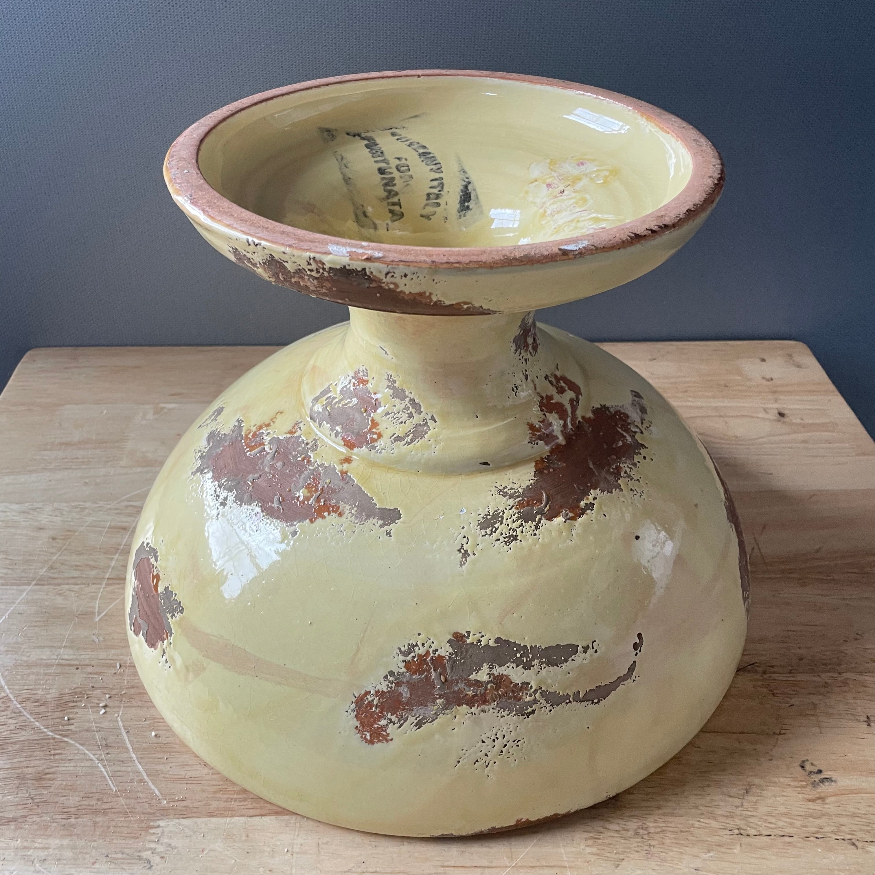 Vintage Fortunata Handcrafted Distressed Yellow Glaze Compote, Made in Italy