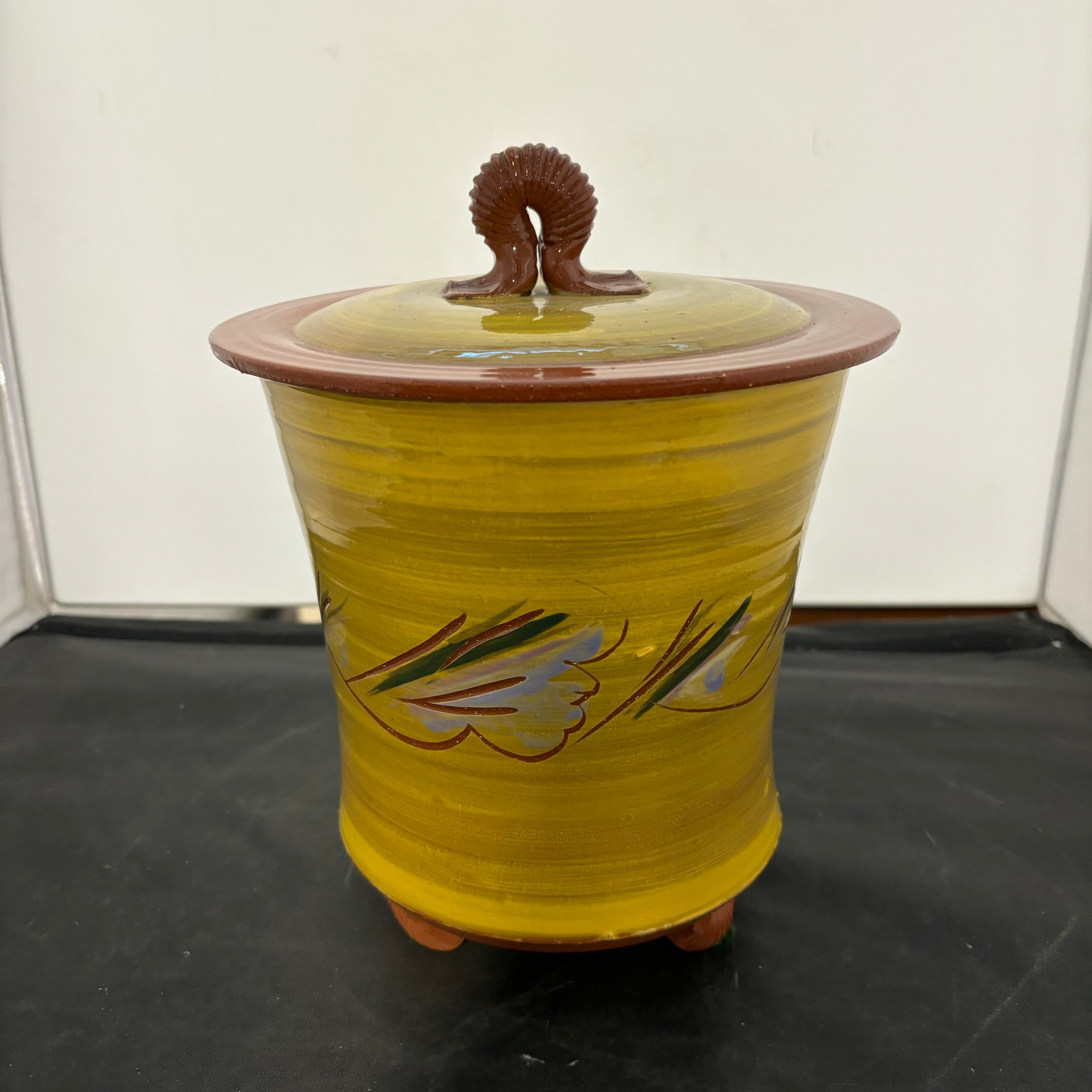 Unique Footed Terra Cotta and Yellow Canister with Lid 8.25"x 8.25"