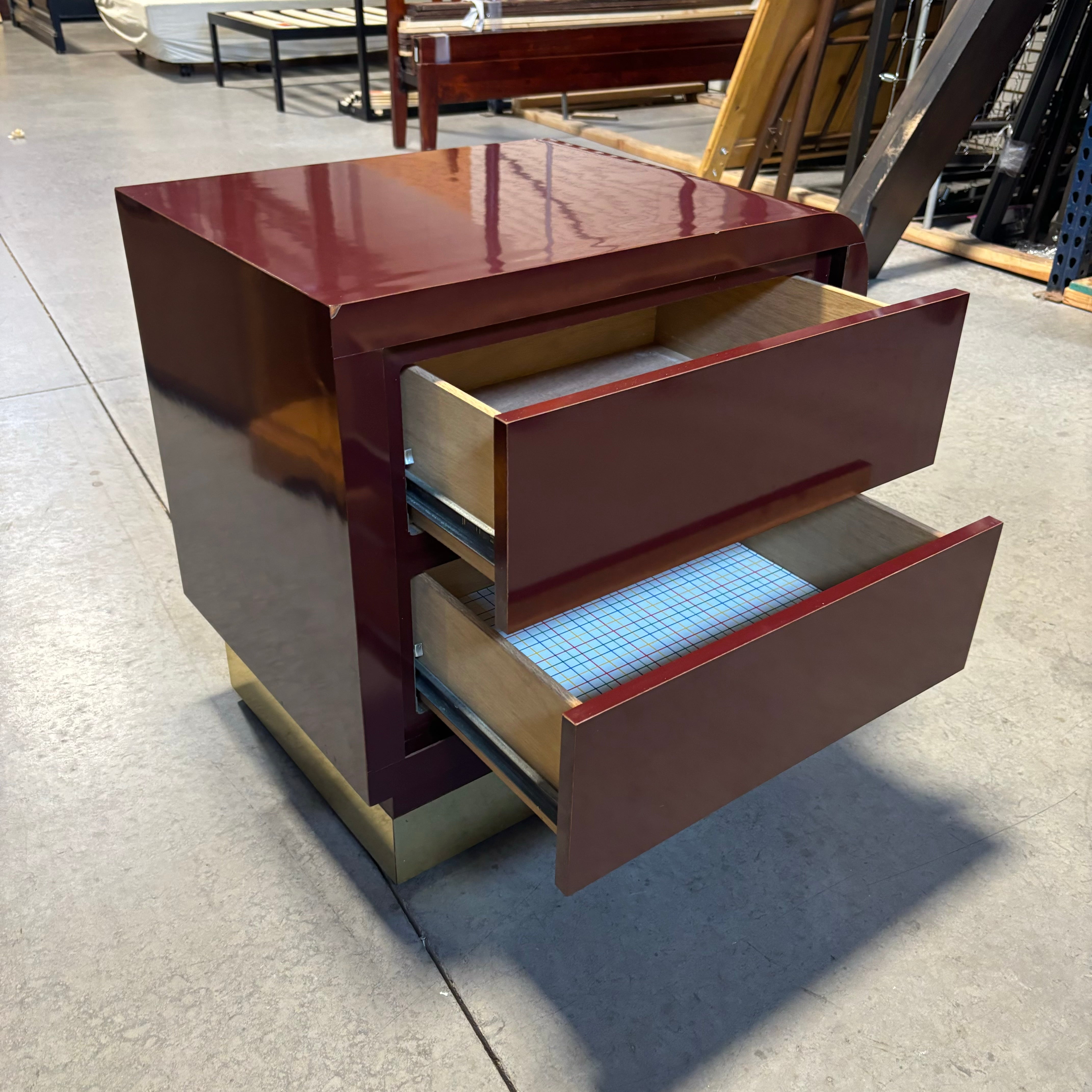 Maroon Lacquer Finish & Brass Finish Base 2 Drawer Nightstand 24"x 18"x 24"