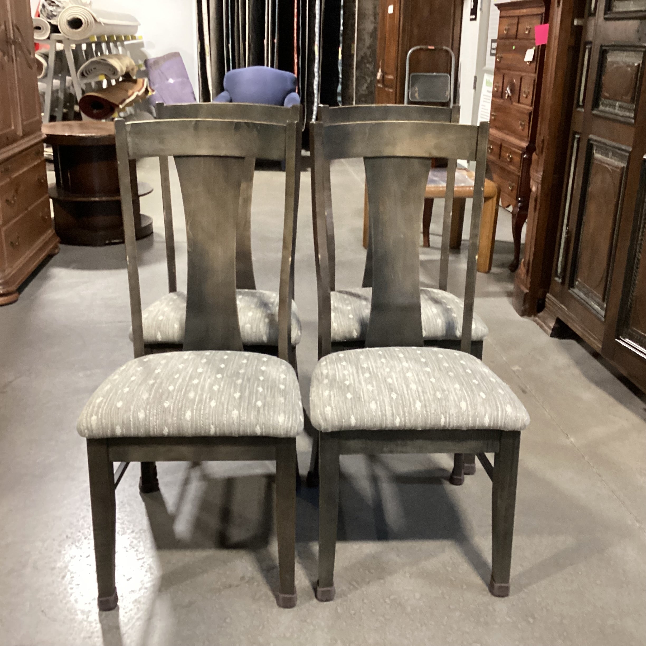 SET of 4 Bassett Dark Washed Finish Wood & Grey Cream Woven Seat Dining Chairs 19"x 20"x 42"
