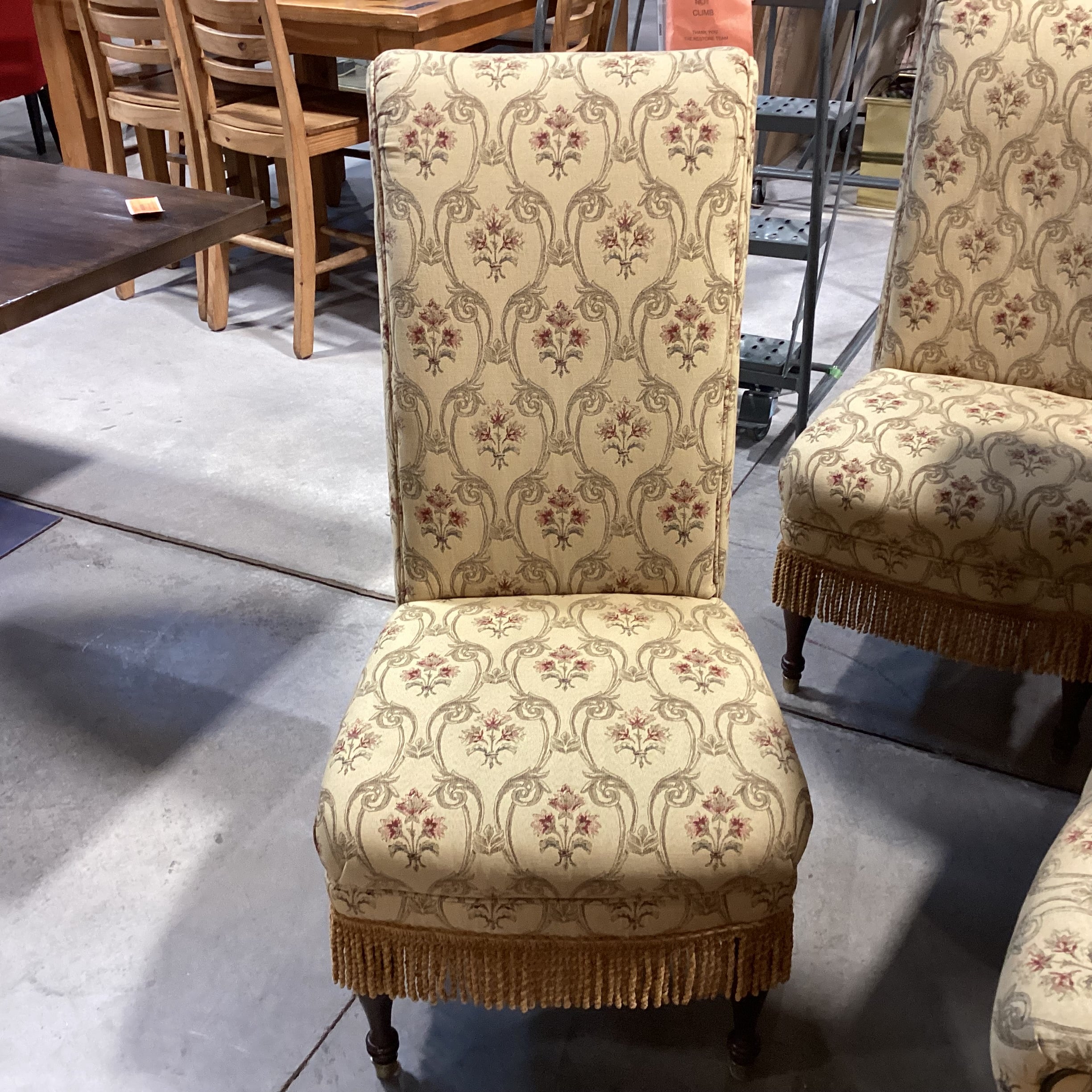 SET of 10 Custom Gold with Ornate Red Floral Leather & Fringe Roll Arm Back Dining Chairs 23"x 30"x 46"