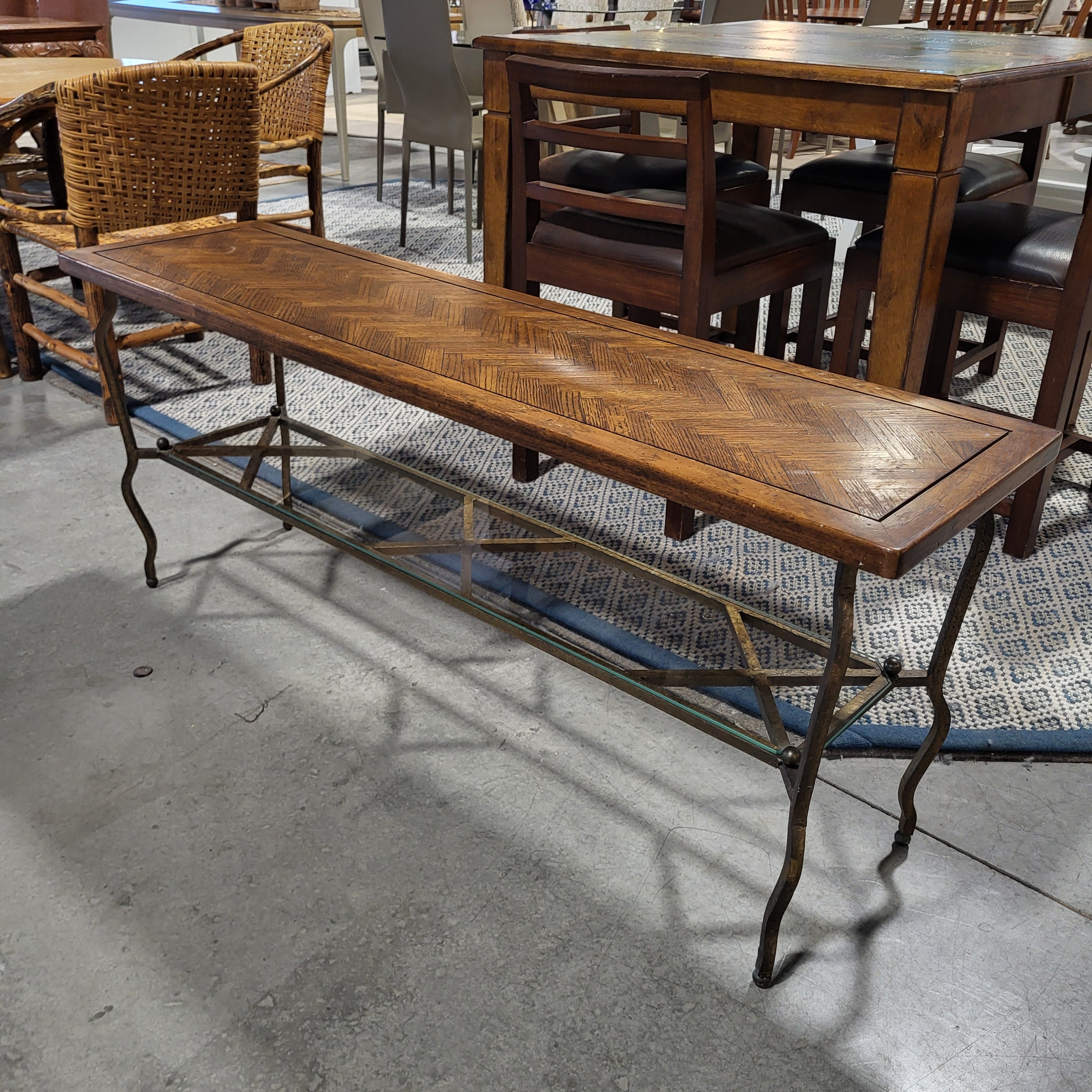 Dark Wood 2 Tiered Herringbone Top Design Glass Shelf with Metal Base Sofa Table 60"x 15.5"x 24.5"