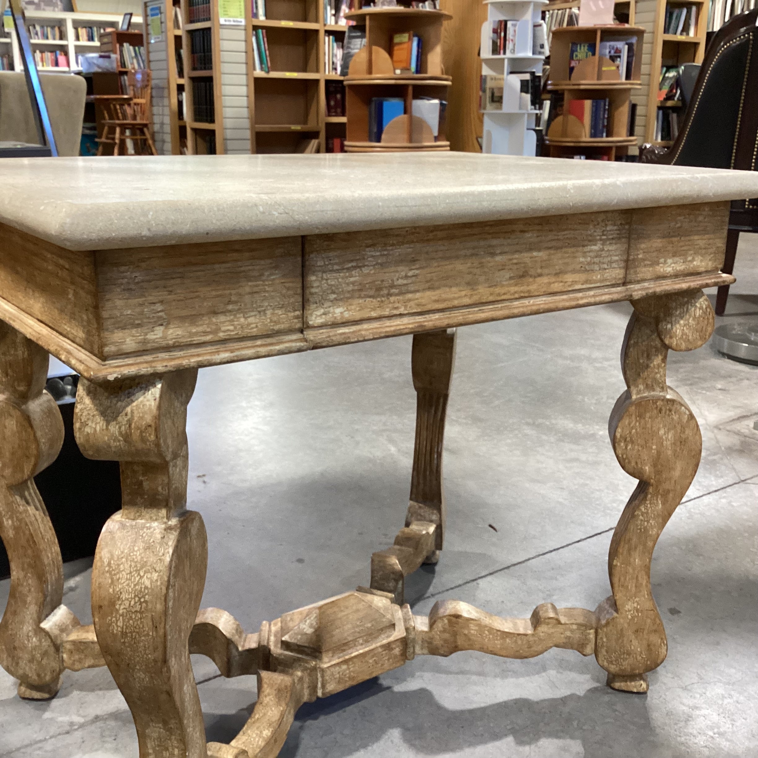 Blonde Antiqued Distressed Finish Carved Wood & Stone End Table 28"x 20"x 24"