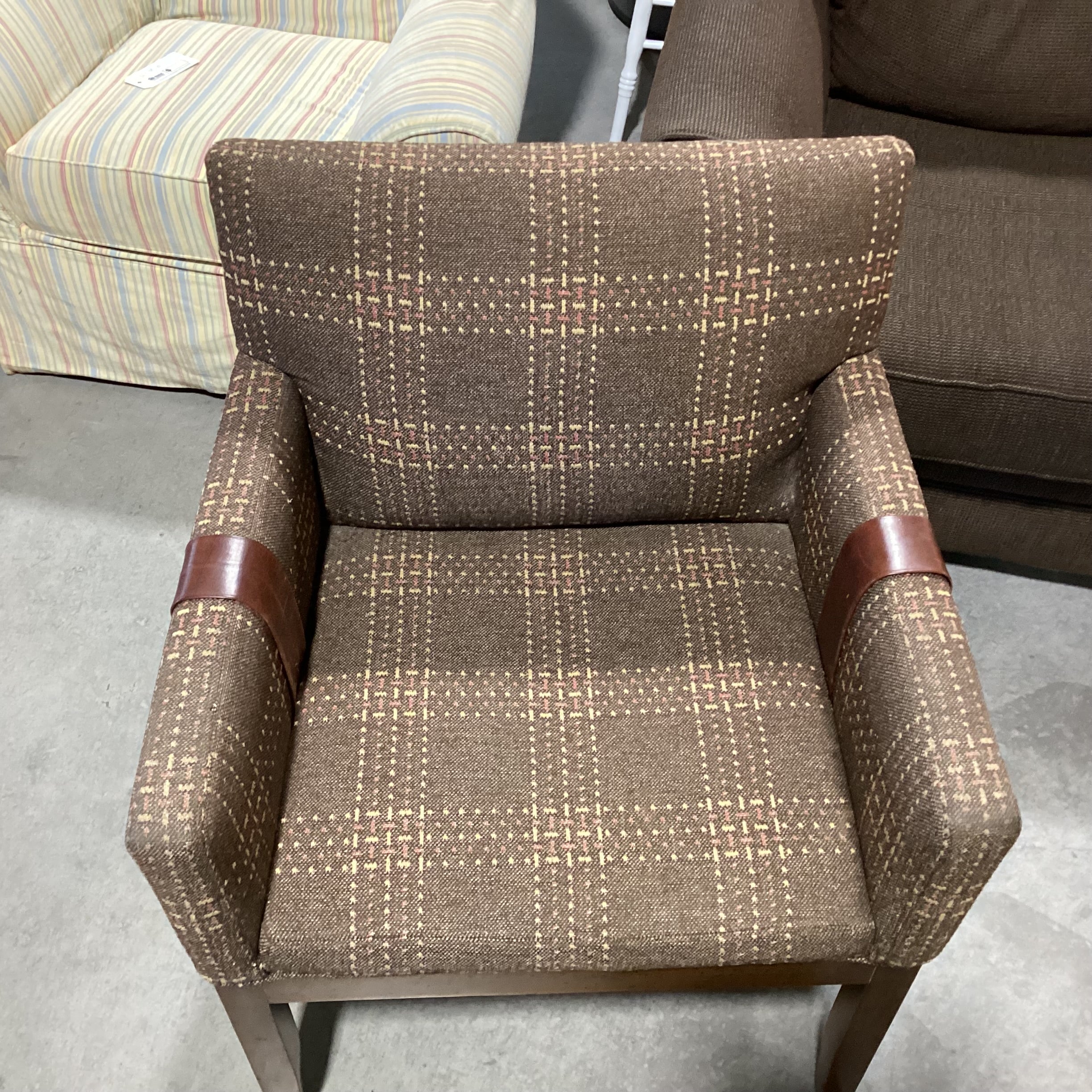 Brown Woven Plaid Leather Belt Accent Chair 28"x 25"x 35"