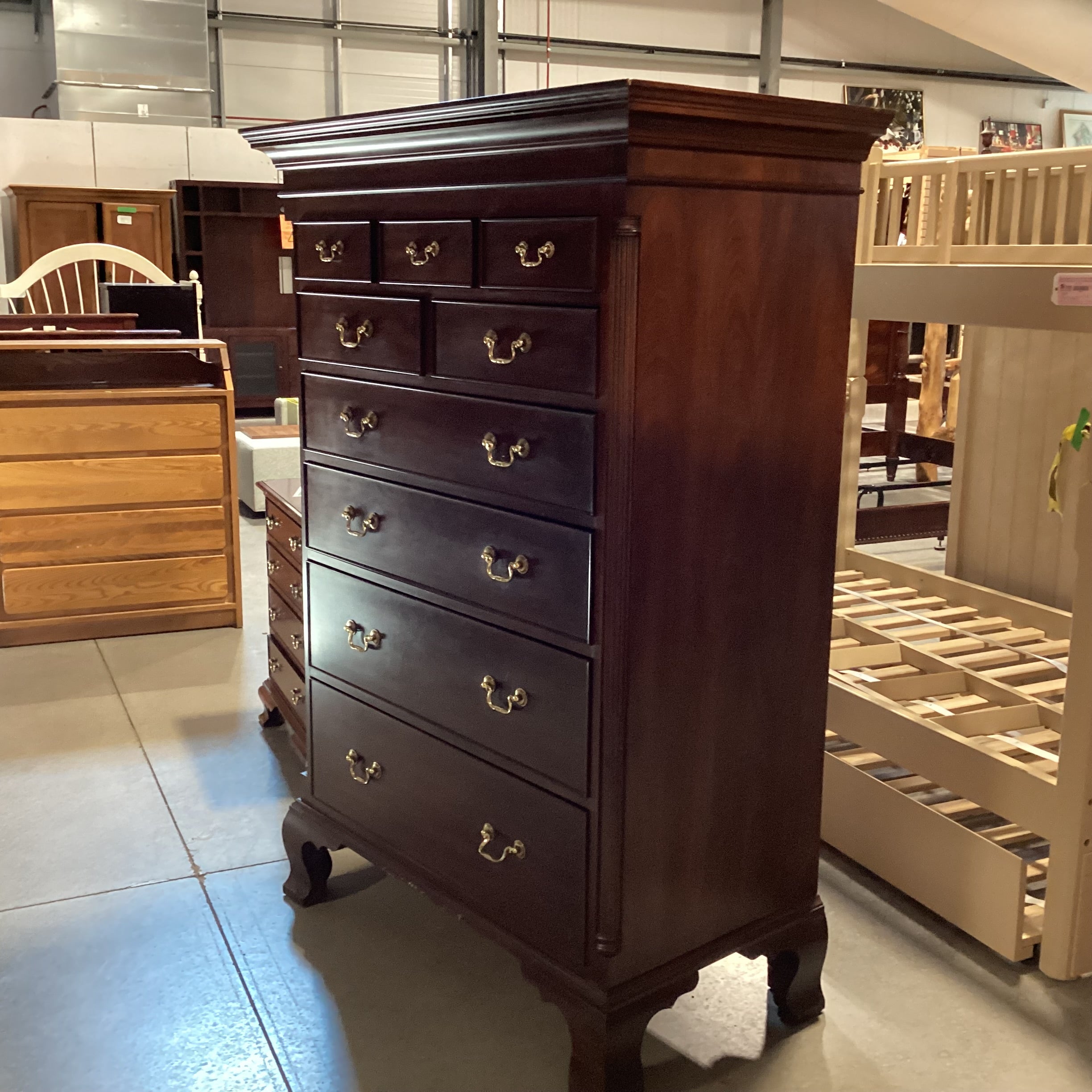Henkel-Harris Dark Finish Carved Wood 9 Drawer Gentlemans Chest 45"x 24"x 65.5"