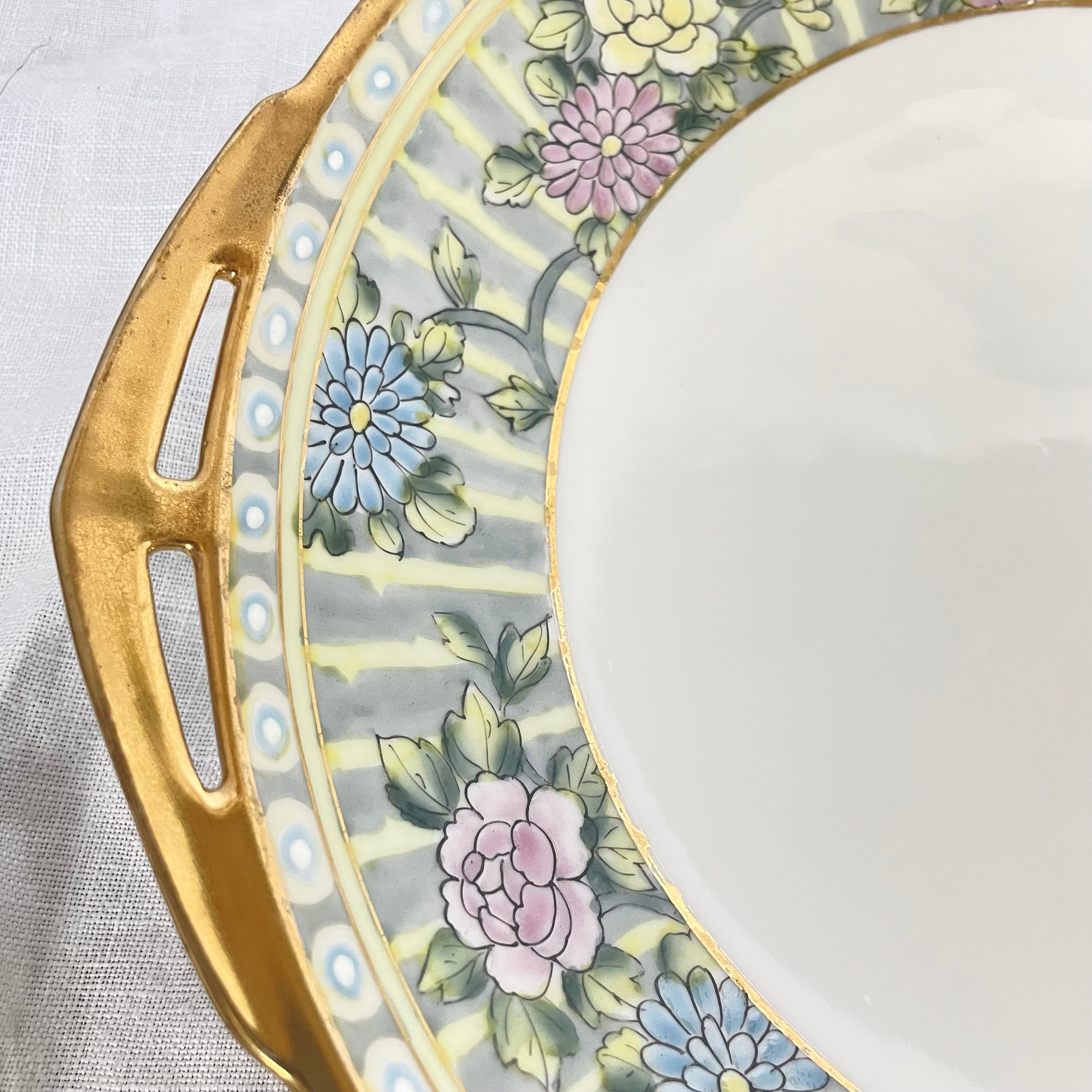 Antique Porcelain Nippon Handpainted Gilt Edged Embossed Flowers Bowl, 11"x 1.5"