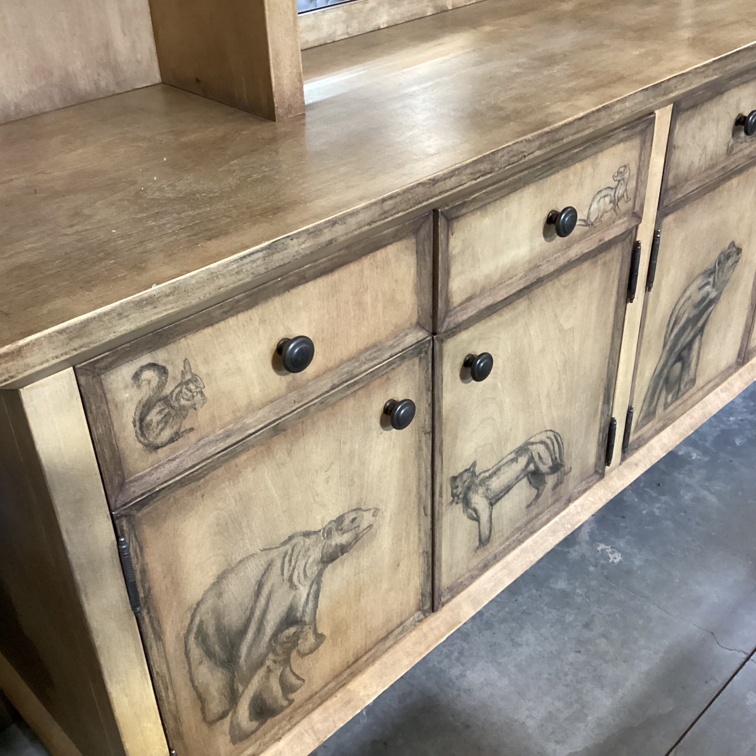 Custom Cabinetry Antiqued Wash with Forest Animals 2 Piece with Hutch Credenza 72"x 21"x 96"