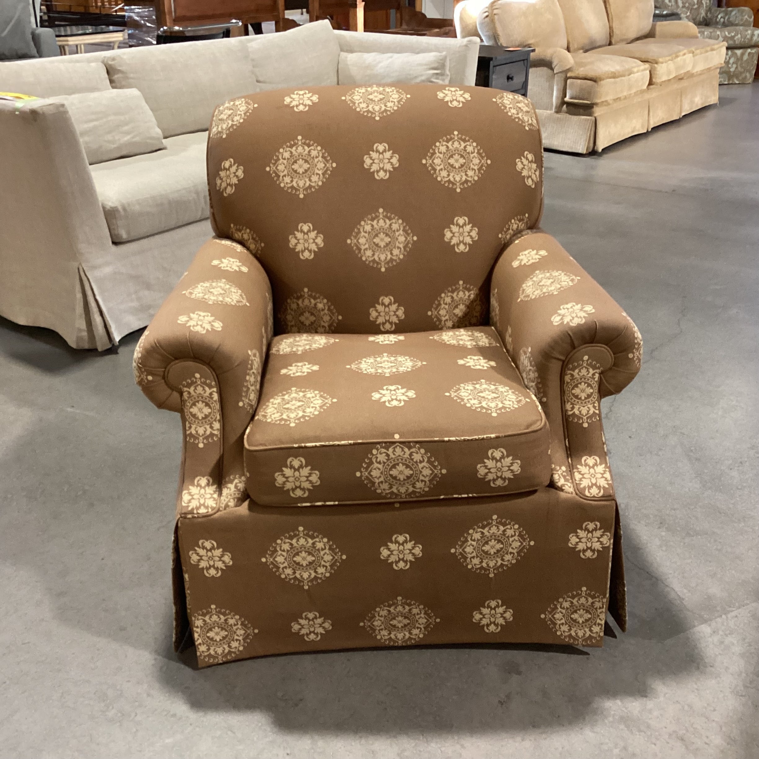 Kravet Furniture Custom Brown with Gold Floral Medallion Swivel Chair 36"x 36"x 36"