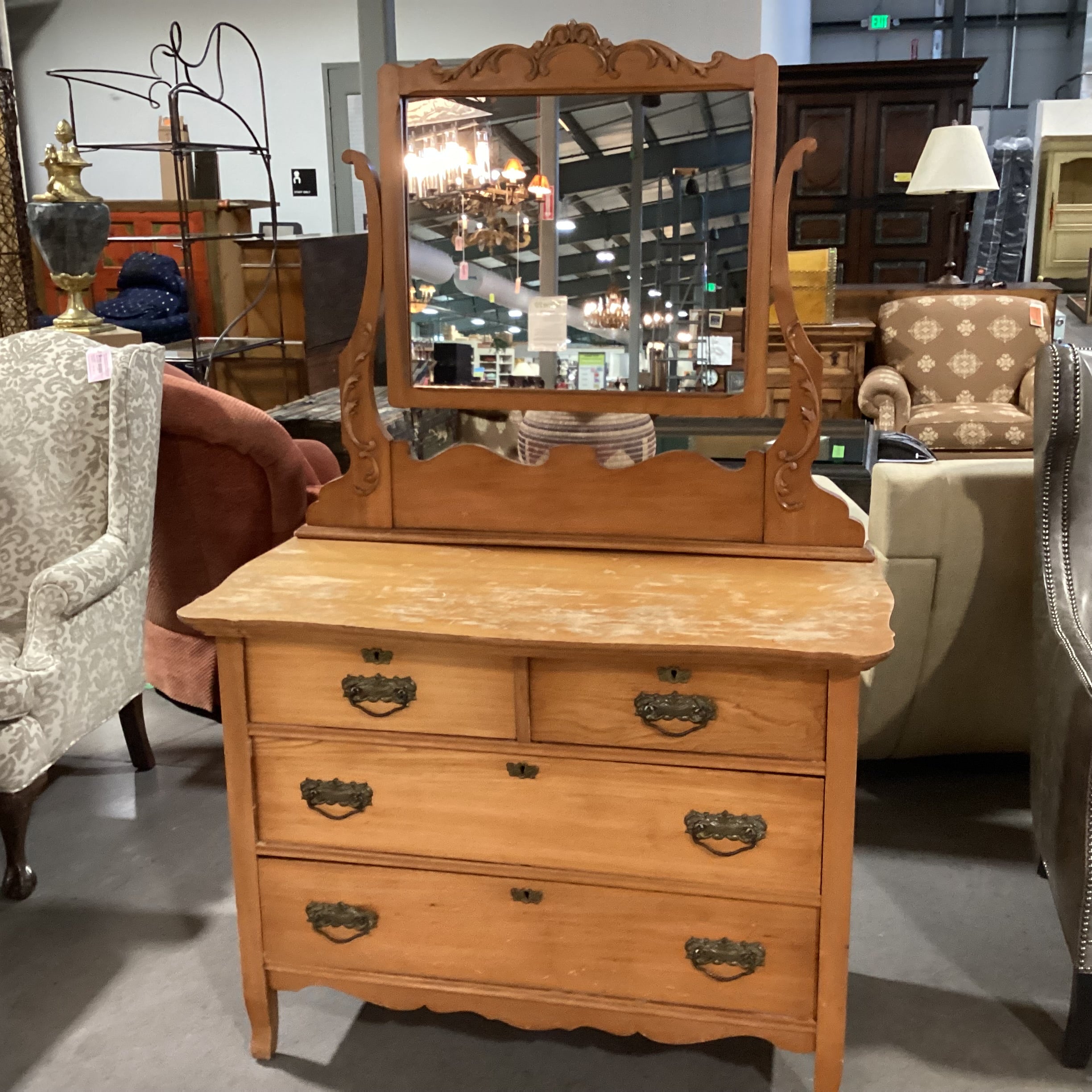 Antique Light Finish Wood 4 Drawer with Ornate Mirror Chest 43"x 22"x 67"