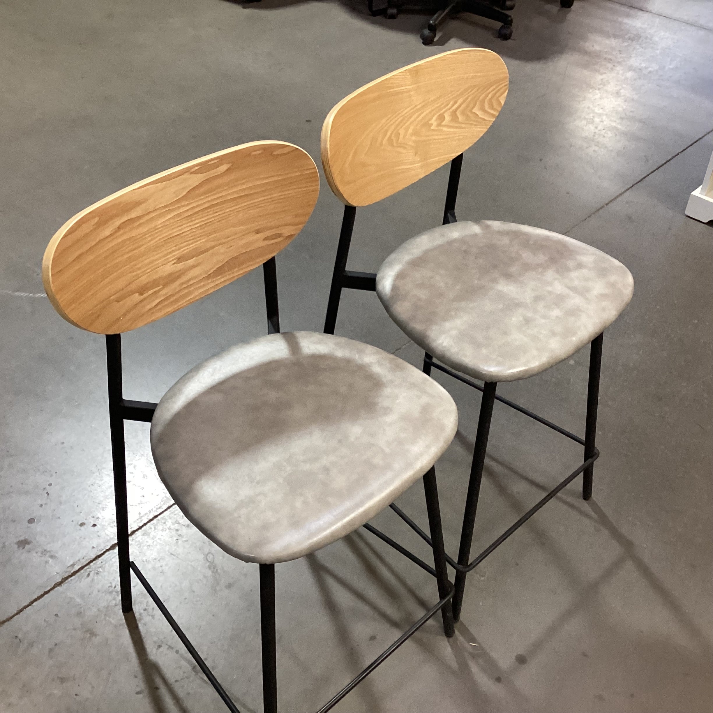 SET of 2 Light Wood Black Metal & Grey Faux Leather Barstools 24"