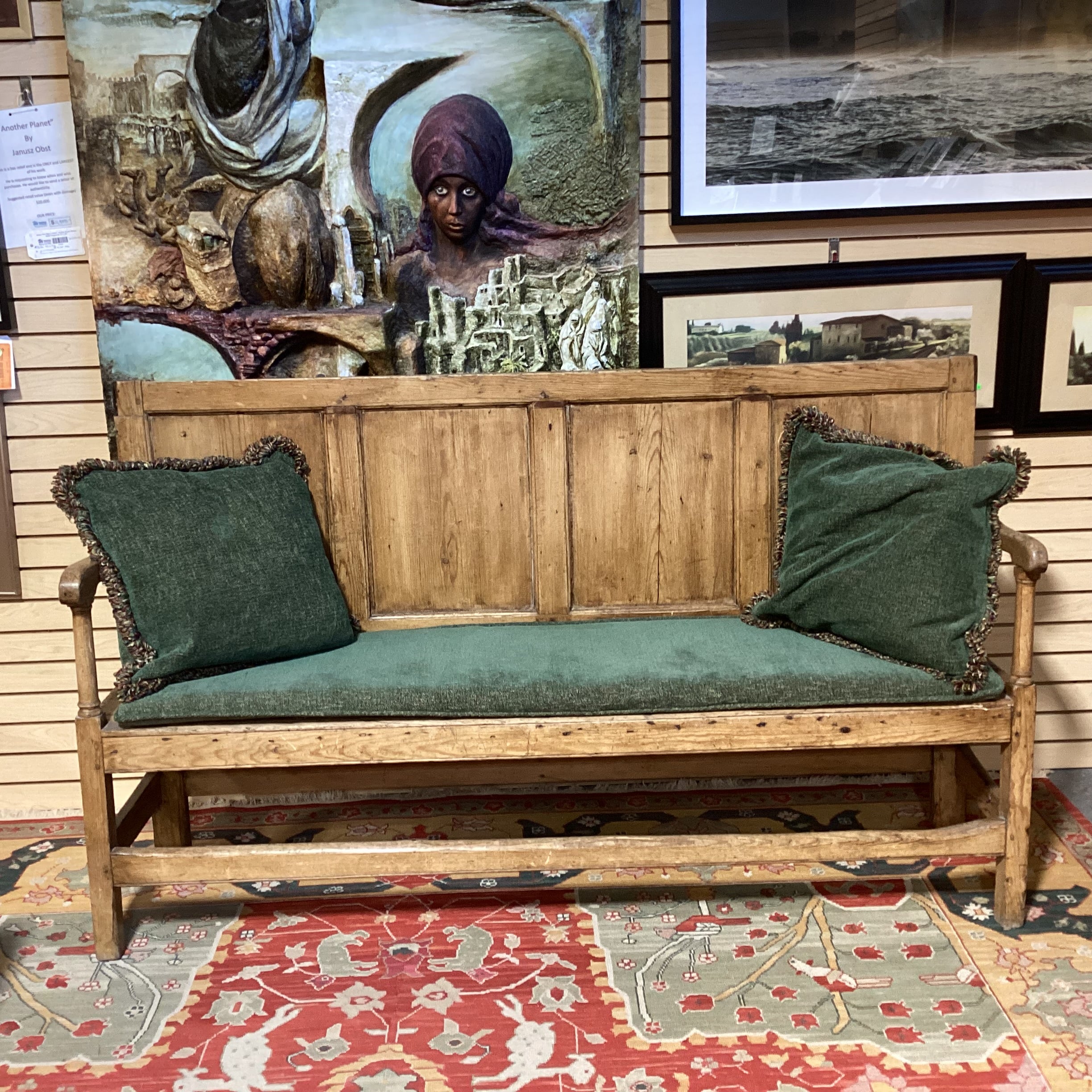 Antique Carved Pine with Panel Detail & Green Chenille Cushions Bench 71"x 19"x 42"