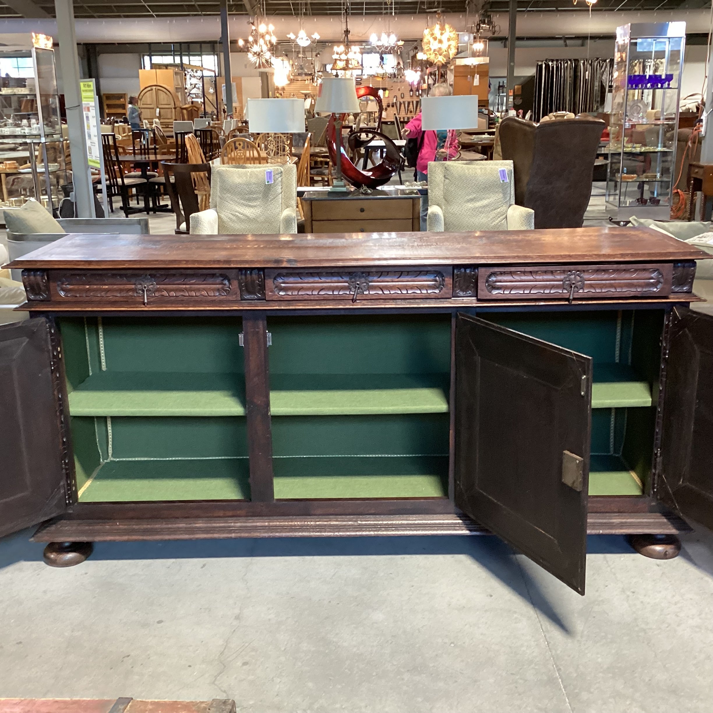 Antique Solid Carved Finished Oak 3 Drawer 3 Door Credenza 83"x 22"x 39"