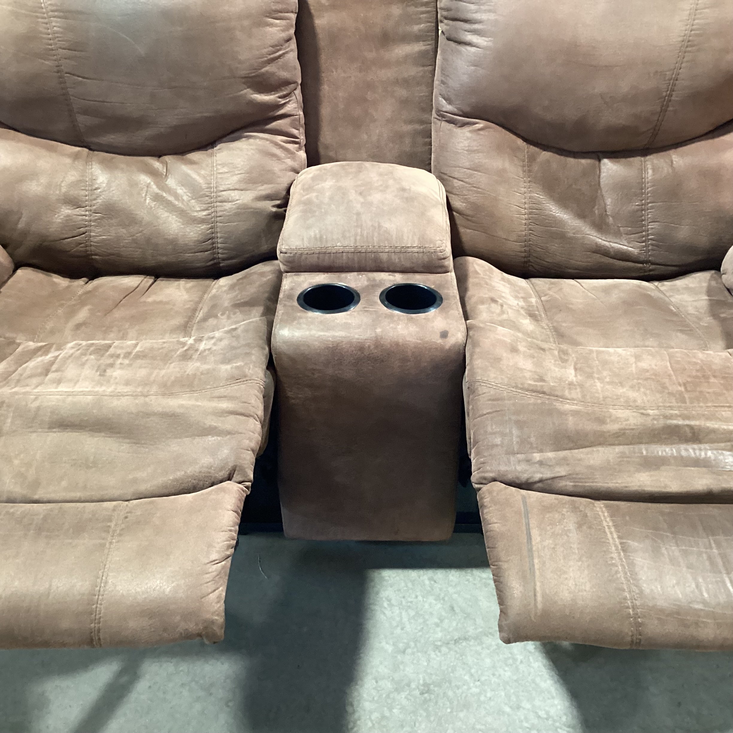 Brown Micro Suede Double Reclining with Console Sofa 85"x 35"x 41"