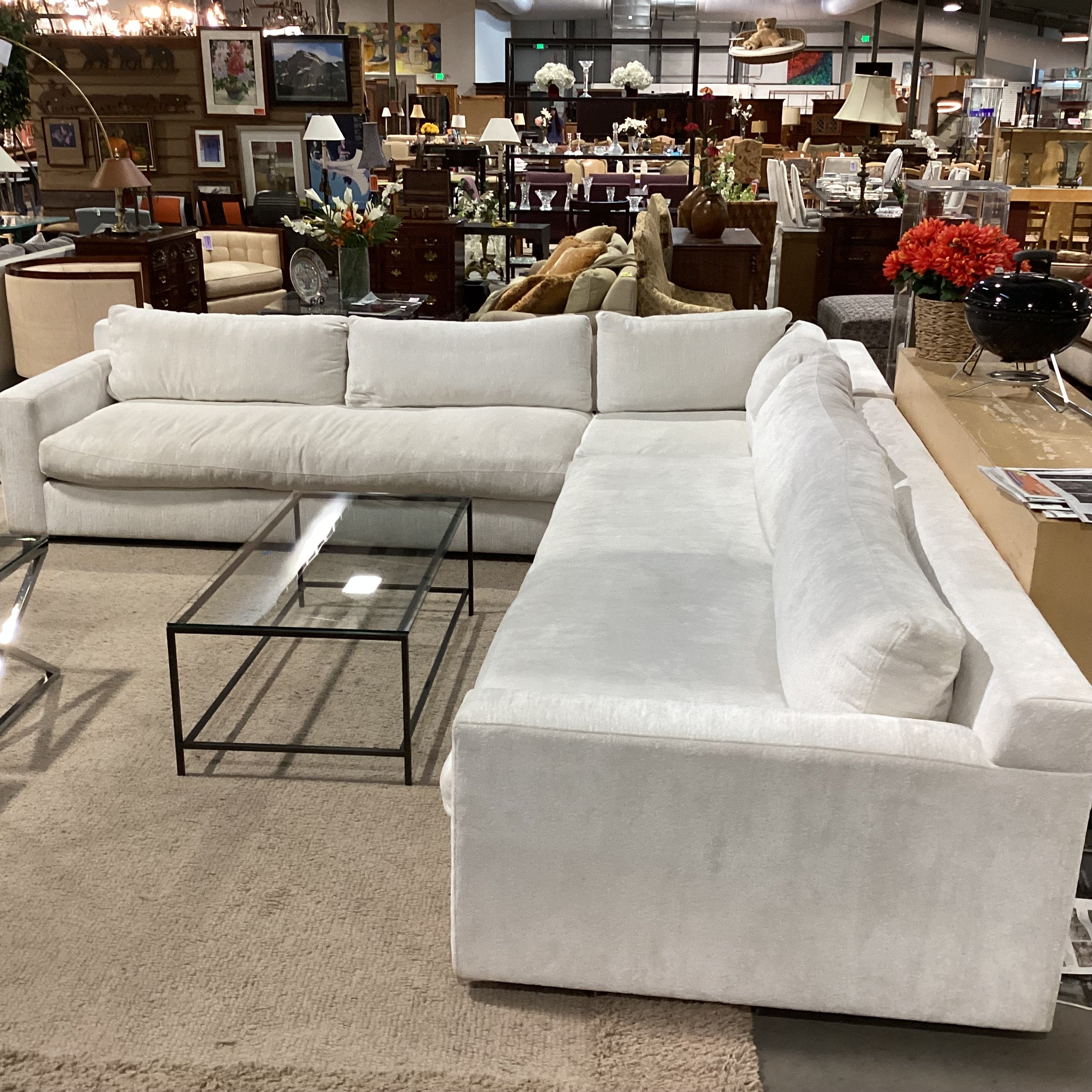 Custom Ivory Raised Texture Velvet Down Mix 3 Piece Sectional 146"x 134"x 45"x 29"