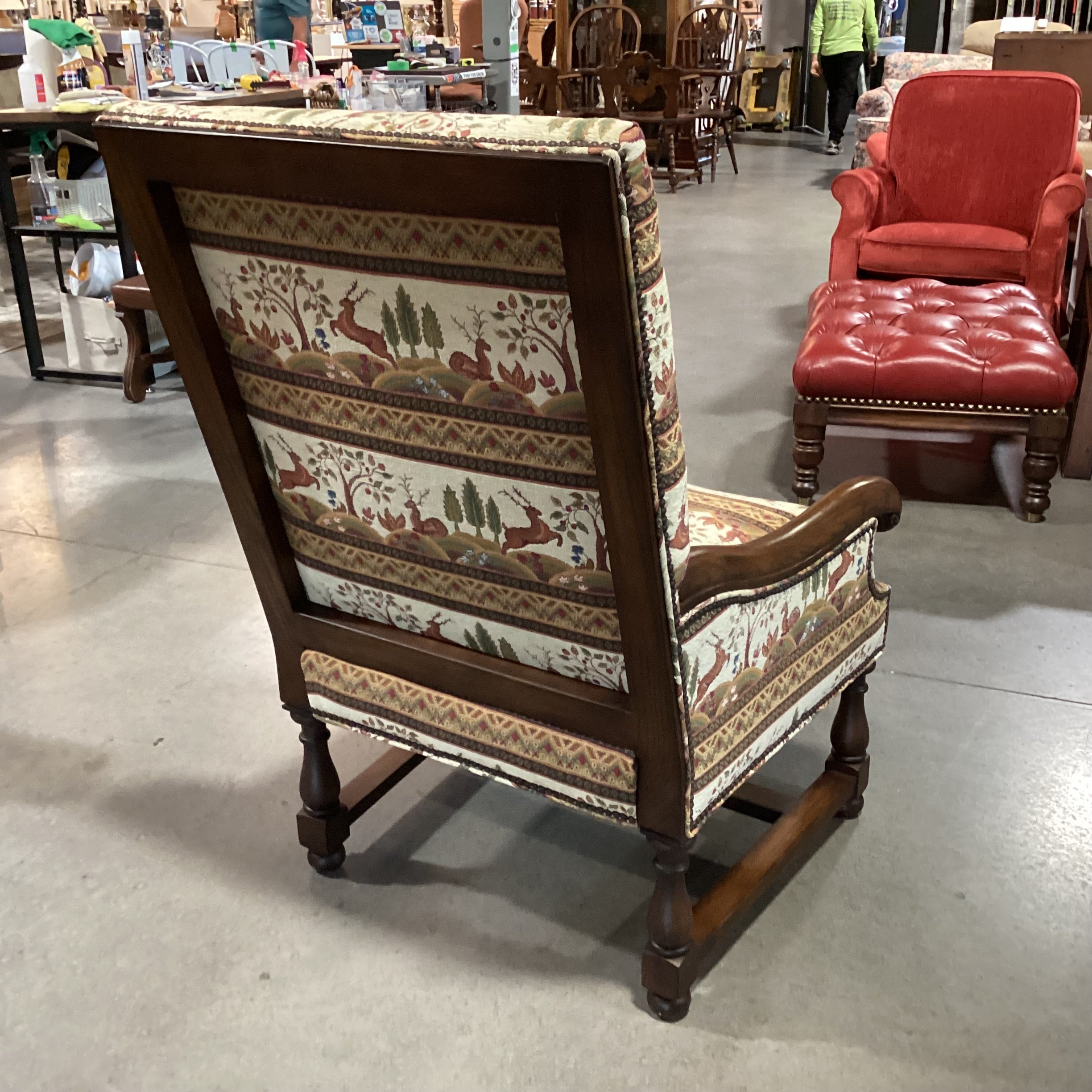 Dindy Foster Interiors Custom Deer Floral Nailhead & Carved Wood Highback Chair 31"x 31"x 47"