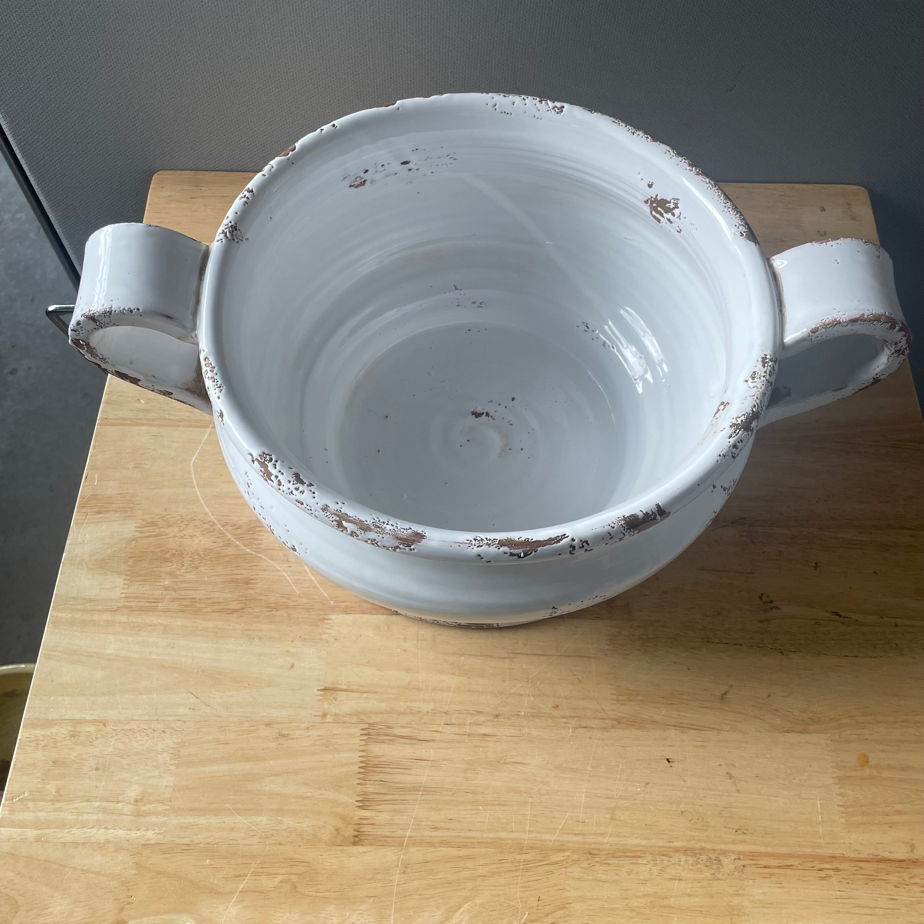 Alessandro Taddei Signed Fortunata Distressed White Glazed Ceramic Footed Bowl w/Handles, Made in Italy