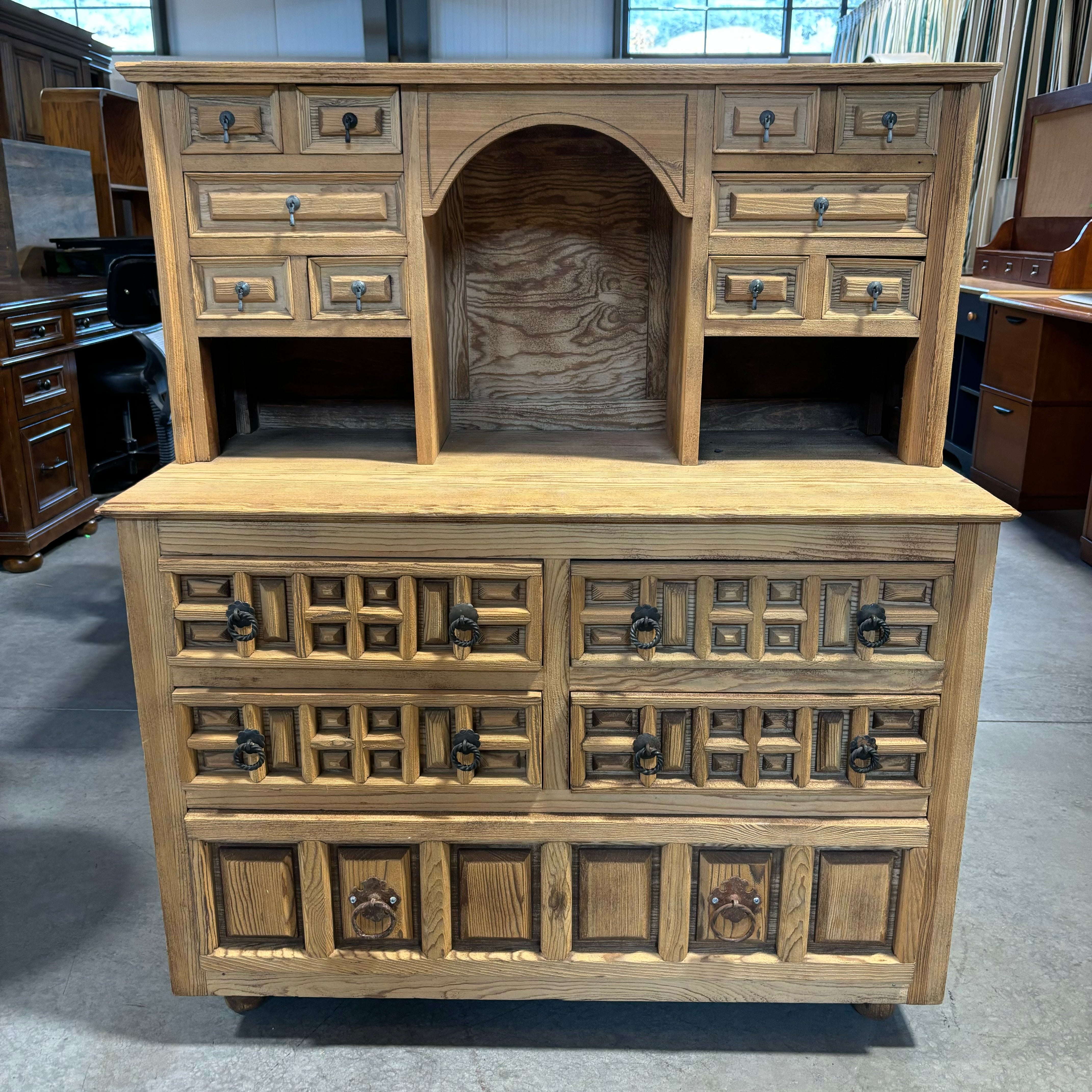 Natural Light Wood with Carved Detail & Iron Pulls 15 Drawer Hutch 40"x 20"x 27"
