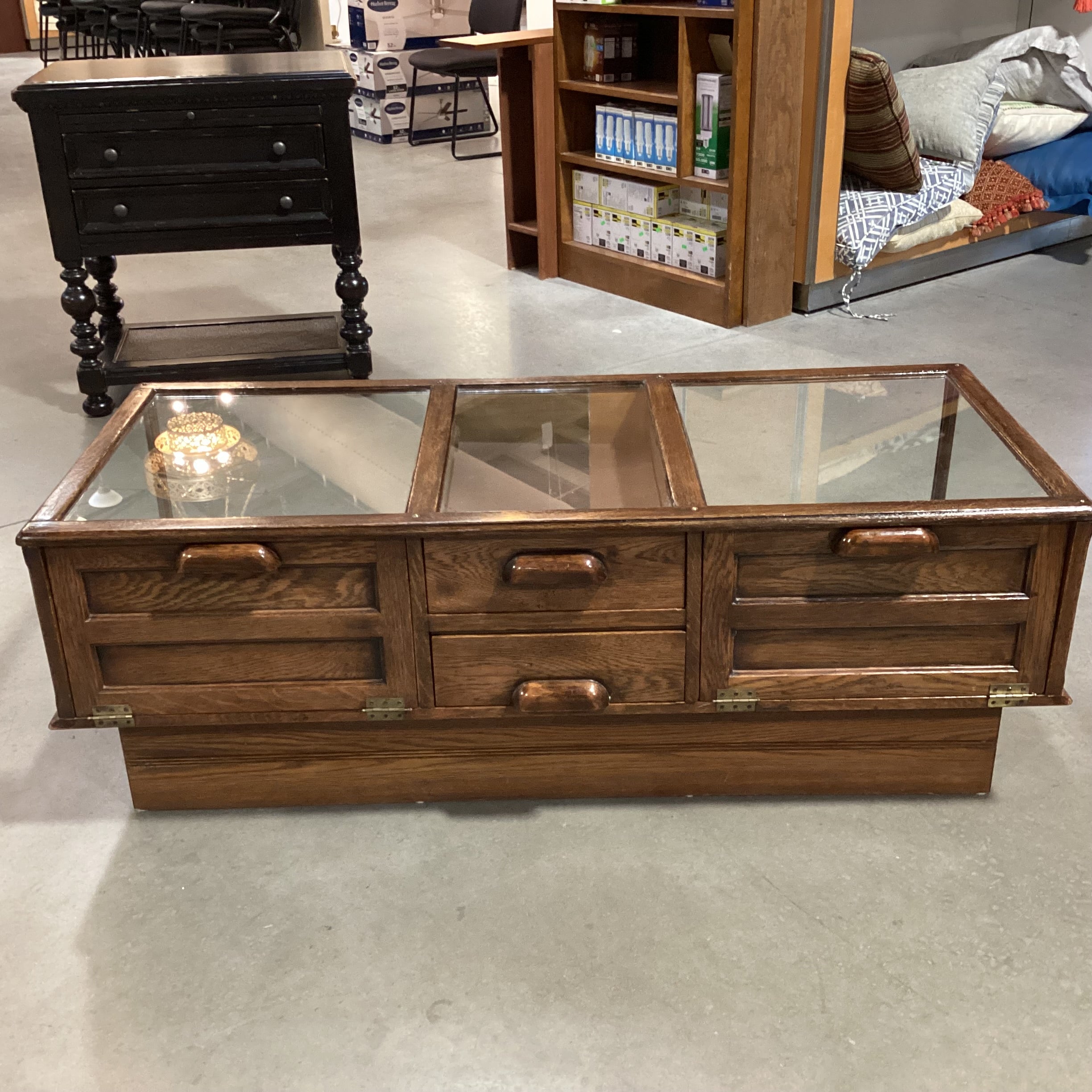 Vintage Distressed Finish Wood & Glass 2 Drawer 2 Fold Down Doors Display Coffee Table 52.5"x 22.5"x 19"