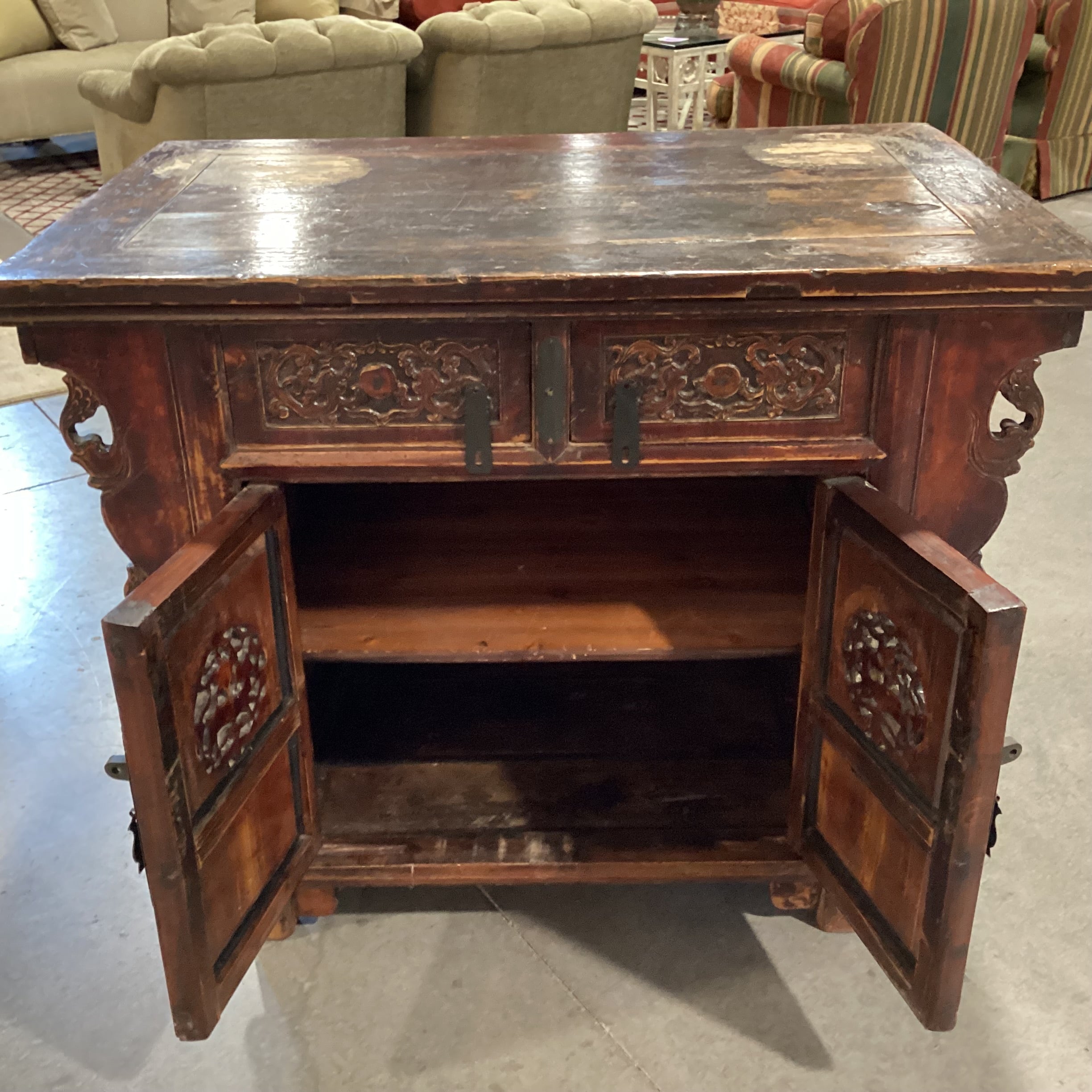 Vintage Antique Asian Carved Wood 2 Door 2 Drawer Alter Cabinet Console 43"x 27.5"x 34"