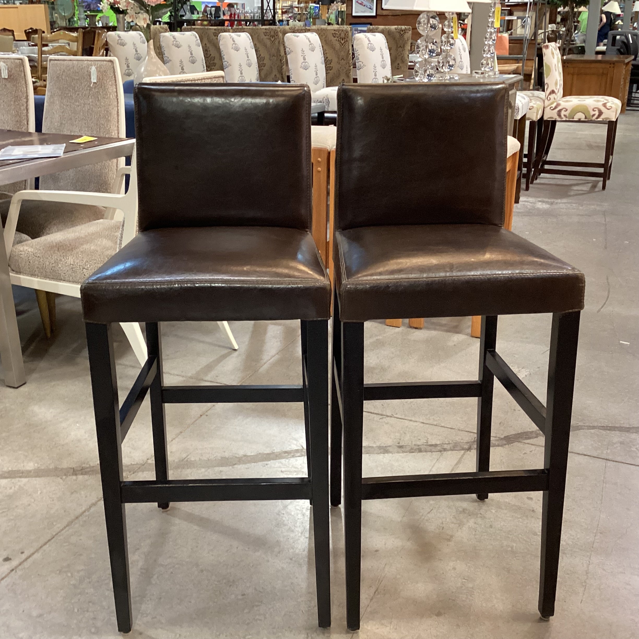 SET of 2 Crate & Barrel Leather & Black Wood Barstools 31"