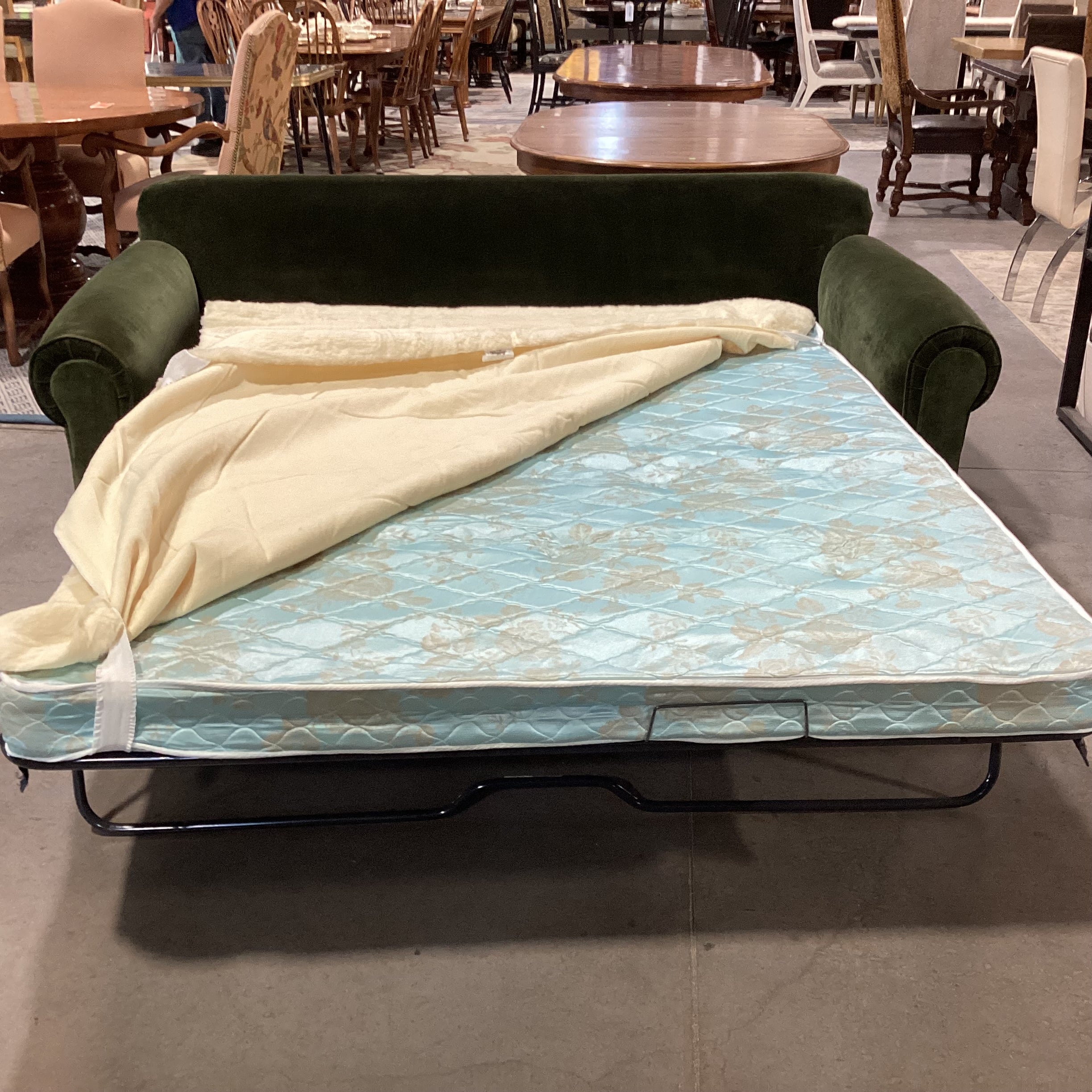 Pottery Barn Green Velvet Down Mix Queen Sleeper Sofa 84"x 42"x 32"