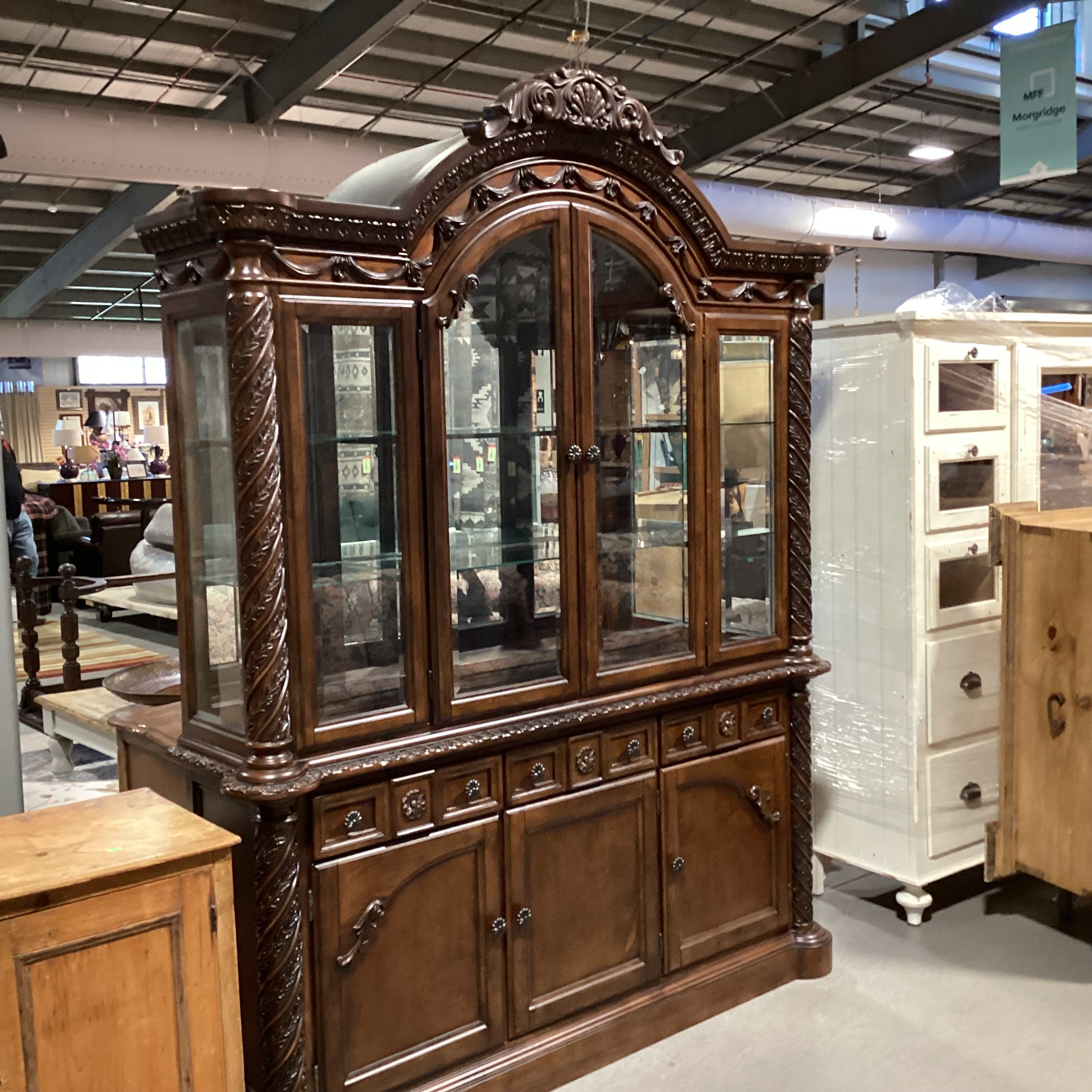 Ashley Furniture North Shore Ornate Carved Wood & Glass 2 Piece China Hutch 71"x 19"x 91"