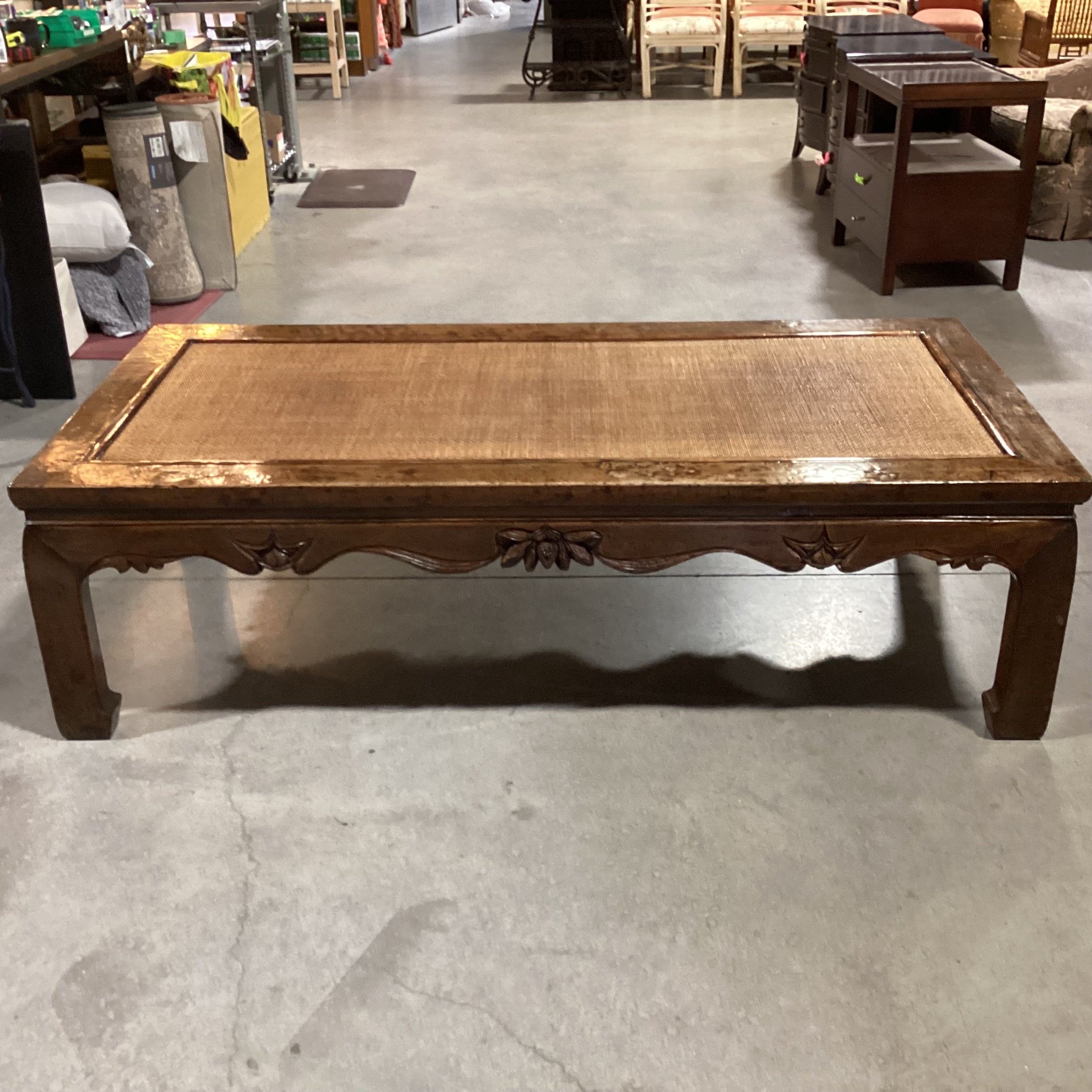 Asian Inspired Carved Distressed Wood & Rattan Raffia Woven Inset Coffee Table 72"x 35"x 21"